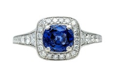Gabriel & Co. Bague halo en or blanc 14 carats avec saphir bleu taille coussin et diamants