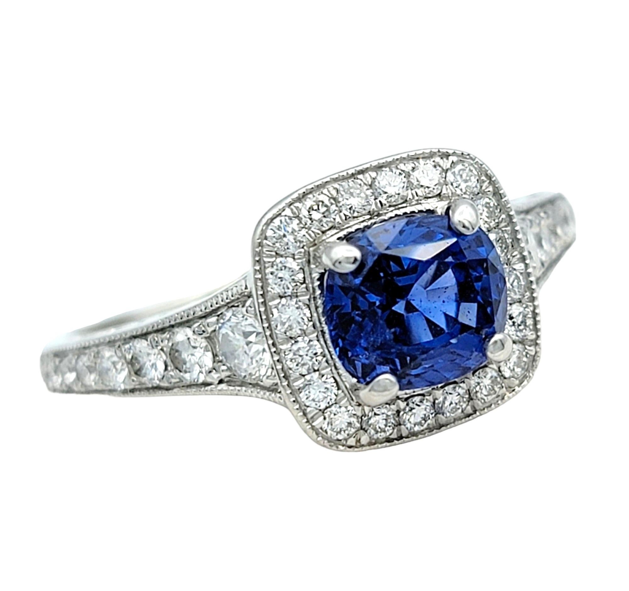 Contemporary Gabriel & Co. Cushion Cut Blue Sapphire Diamond Halo Ring in 14 Karat White Gold For Sale
