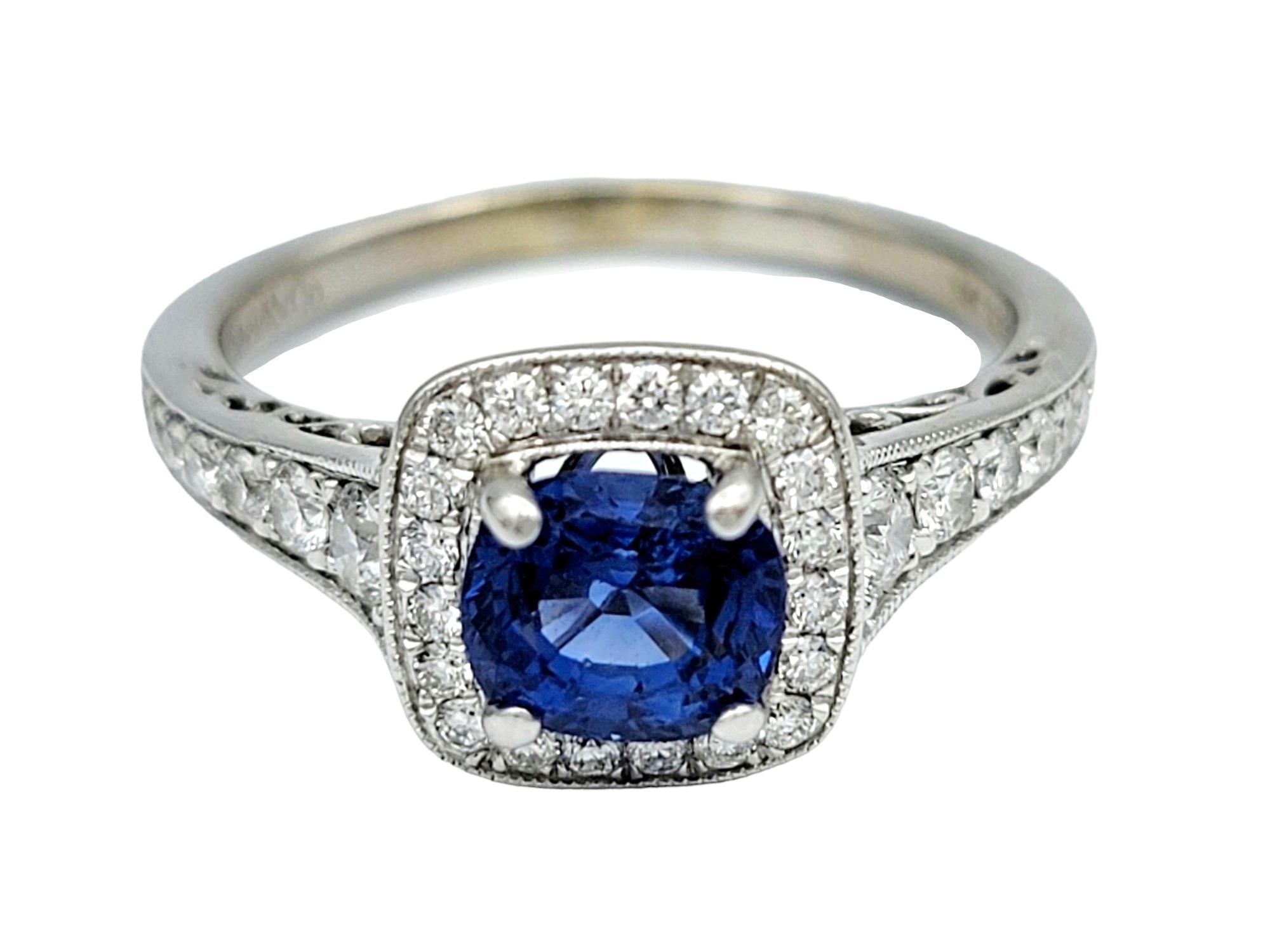 Gabriel & Co. Cushion Cut Blue Sapphire Diamond Halo Ring in 14 Karat White Gold In Good Condition For Sale In Scottsdale, AZ