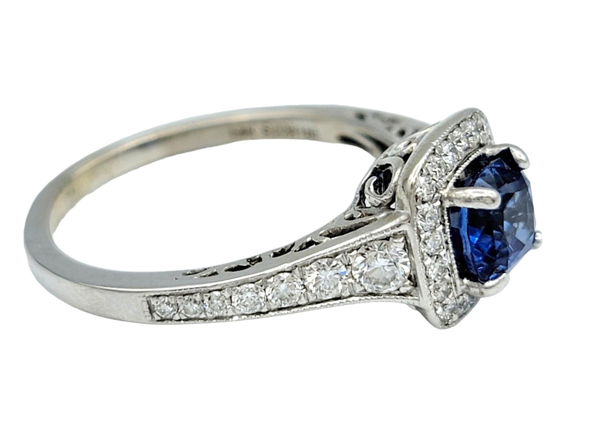 Women's Gabriel & Co. Cushion Cut Blue Sapphire Diamond Halo Ring in 14 Karat White Gold For Sale