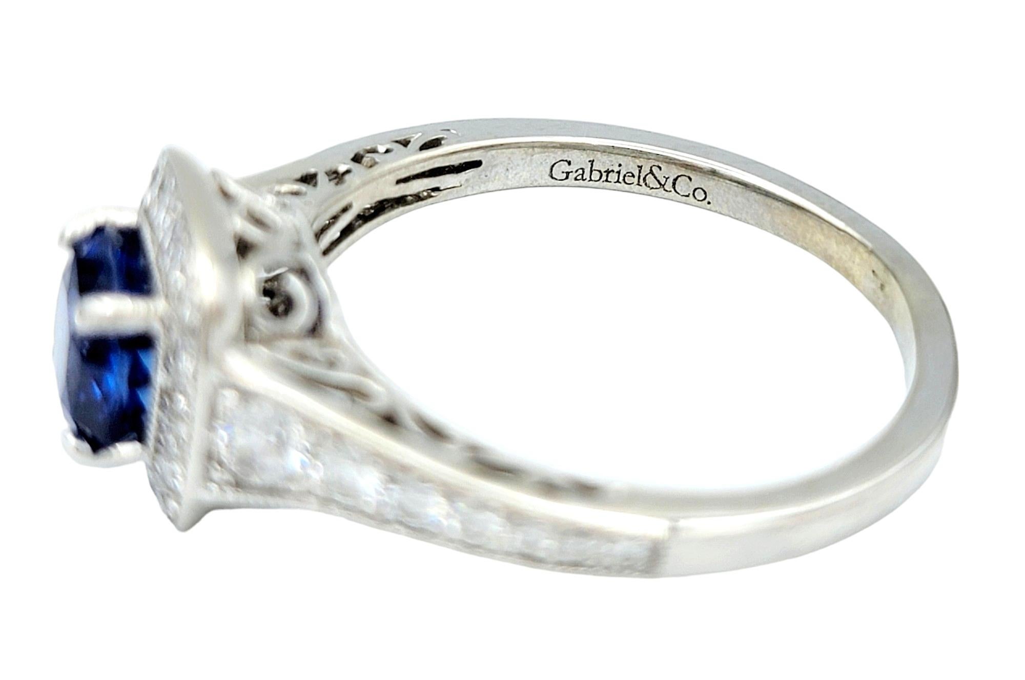 Gabriel & Co. Cushion Cut Blue Sapphire Diamond Halo Ring in 14 Karat White Gold For Sale 1