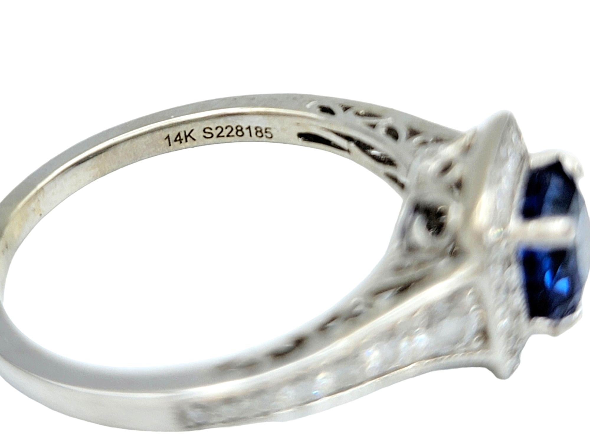 Gabriel & Co. Cushion Cut Blue Sapphire Diamond Halo Ring in 14 Karat White Gold For Sale 2
