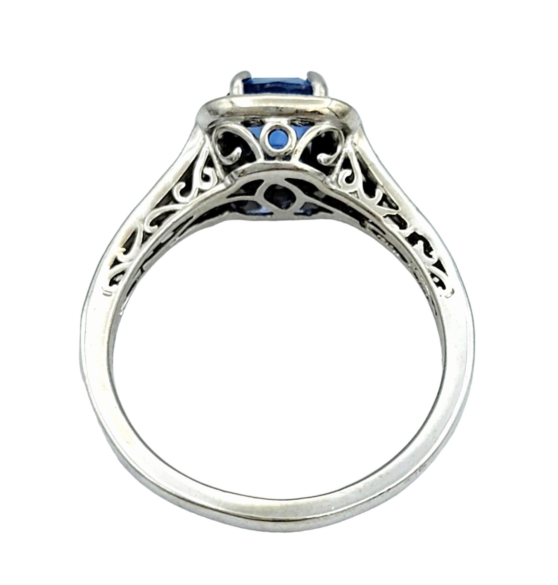 Gabriel & Co. Cushion Cut Blue Sapphire Diamond Halo Ring in 14 Karat White Gold For Sale 3
