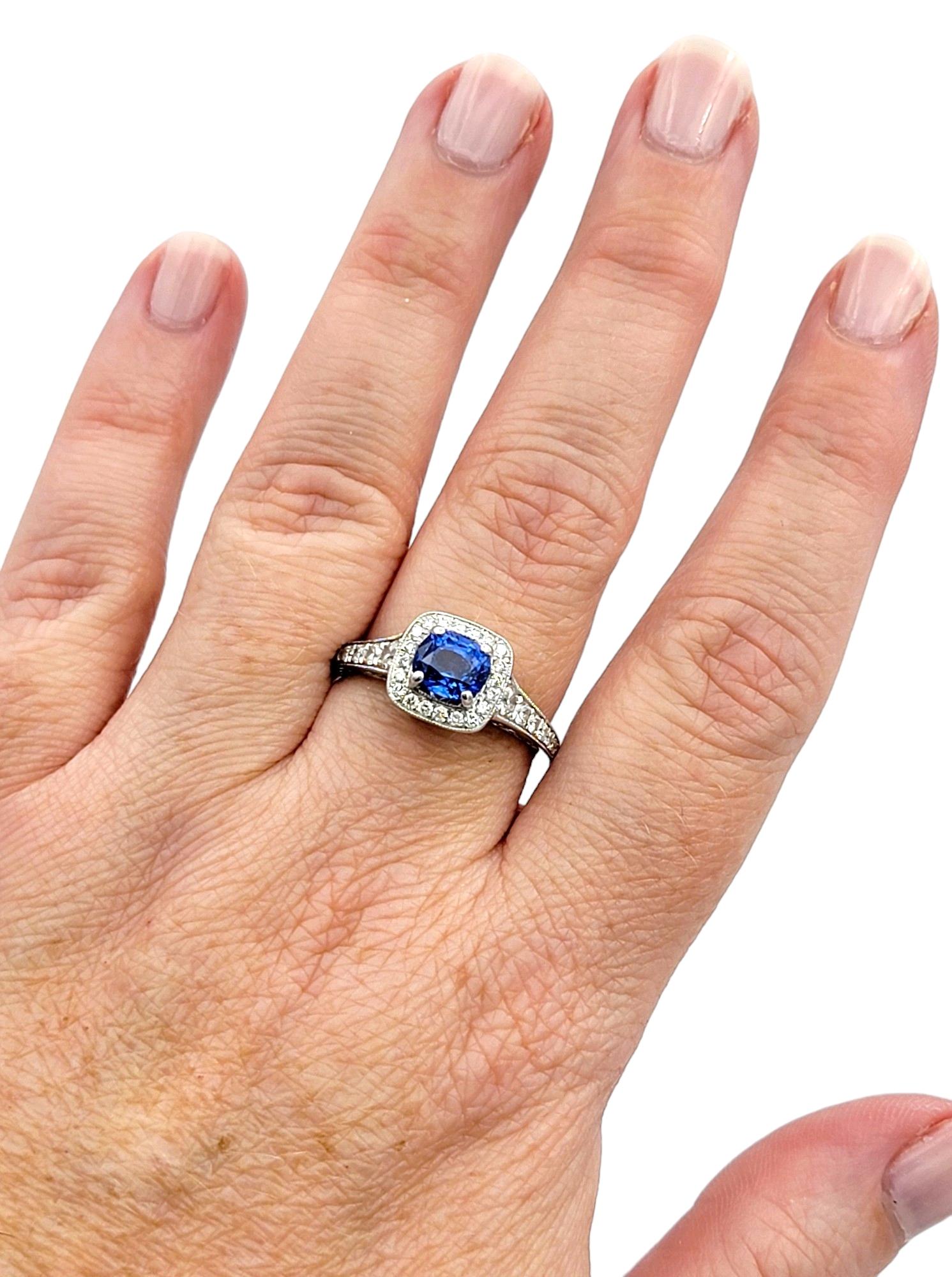 Gabriel & Co. Cushion Cut Blue Sapphire Diamond Halo Ring in 14 Karat White Gold For Sale 4