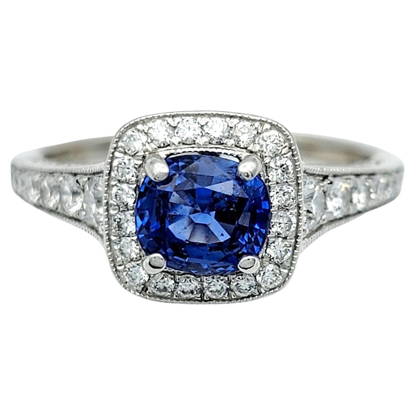 Gabriel & Co. Cushion Cut Blue Sapphire Diamond Halo Ring in 14 Karat White Gold For Sale