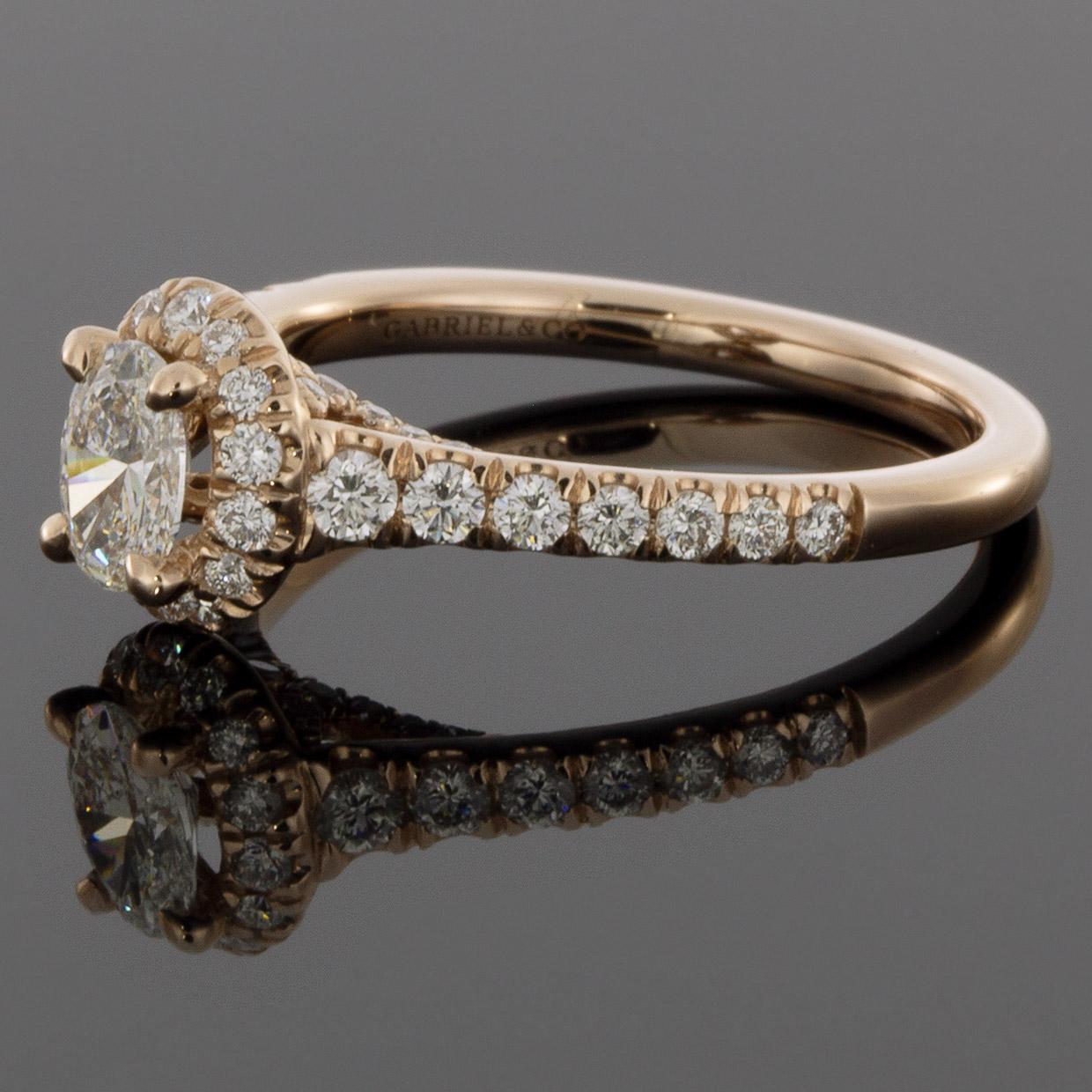 Gabriel & Co Fleming Rose Gold 0.92 Carat Oval Diamond Halo Engagement Ring In Excellent Condition In Columbia, MO