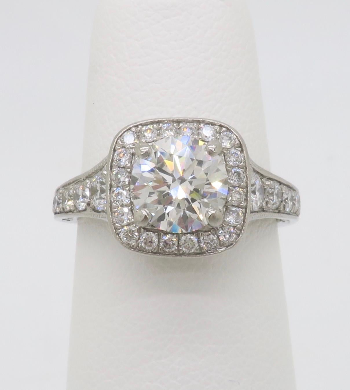 Round Cut Gabriel & Co. Palladium Halo Diamond Engagement Ring - AGS Certified Ideal For Sale