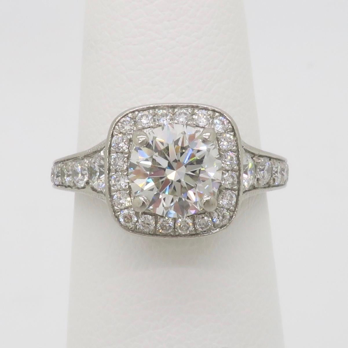 Gabriel & Co. Palladium Halo Diamond Engagement Ring - AGS Certified Ideal In Excellent Condition For Sale In Webster, NY