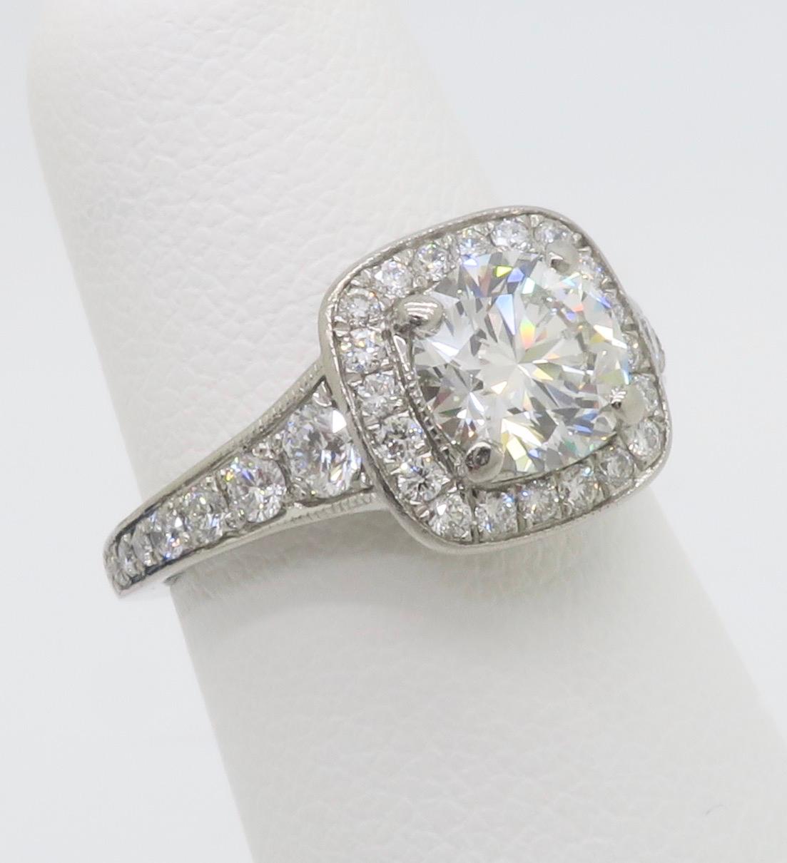 Gabriel & Co. Palladium Halo Diamond Engagement Ring - AGS Certified Ideal For Sale 1