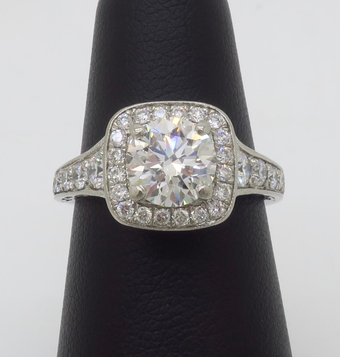 Gabriel & Co. Palladium Halo Diamond Engagement Ring - AGS Certified Ideal For Sale 2