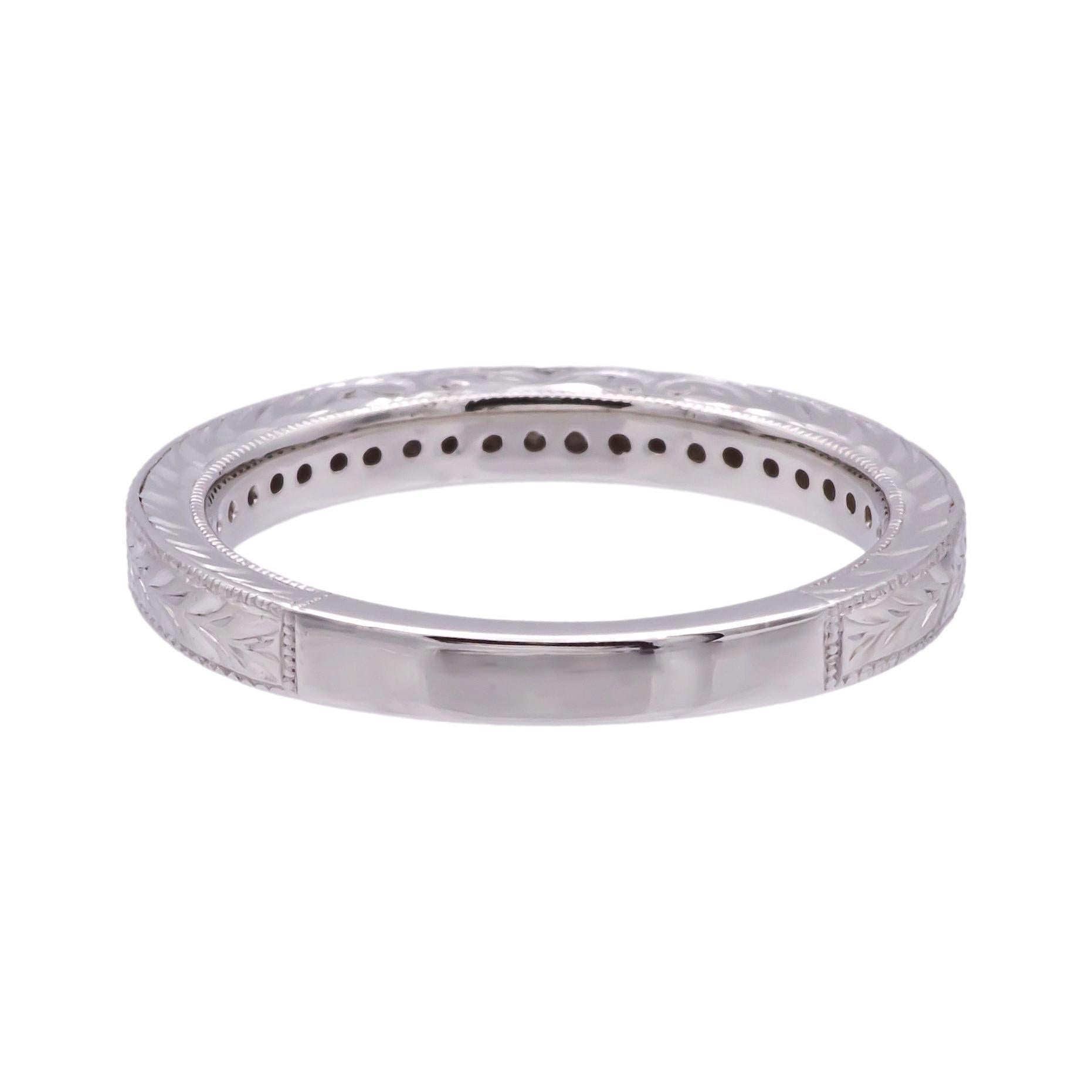 Round Cut Gabriel & Co. Platinum Milgrain Diamond Band w/ Scrollwork- Victorian Collection For Sale