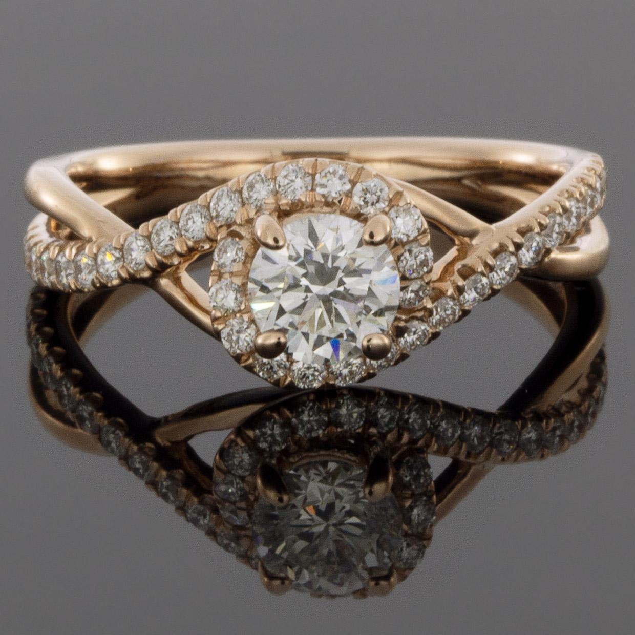 Gabriel & Co. Rose Gold 0.78 Carat Round Diamond Halo Engagement Ring In Excellent Condition In Columbia, MO