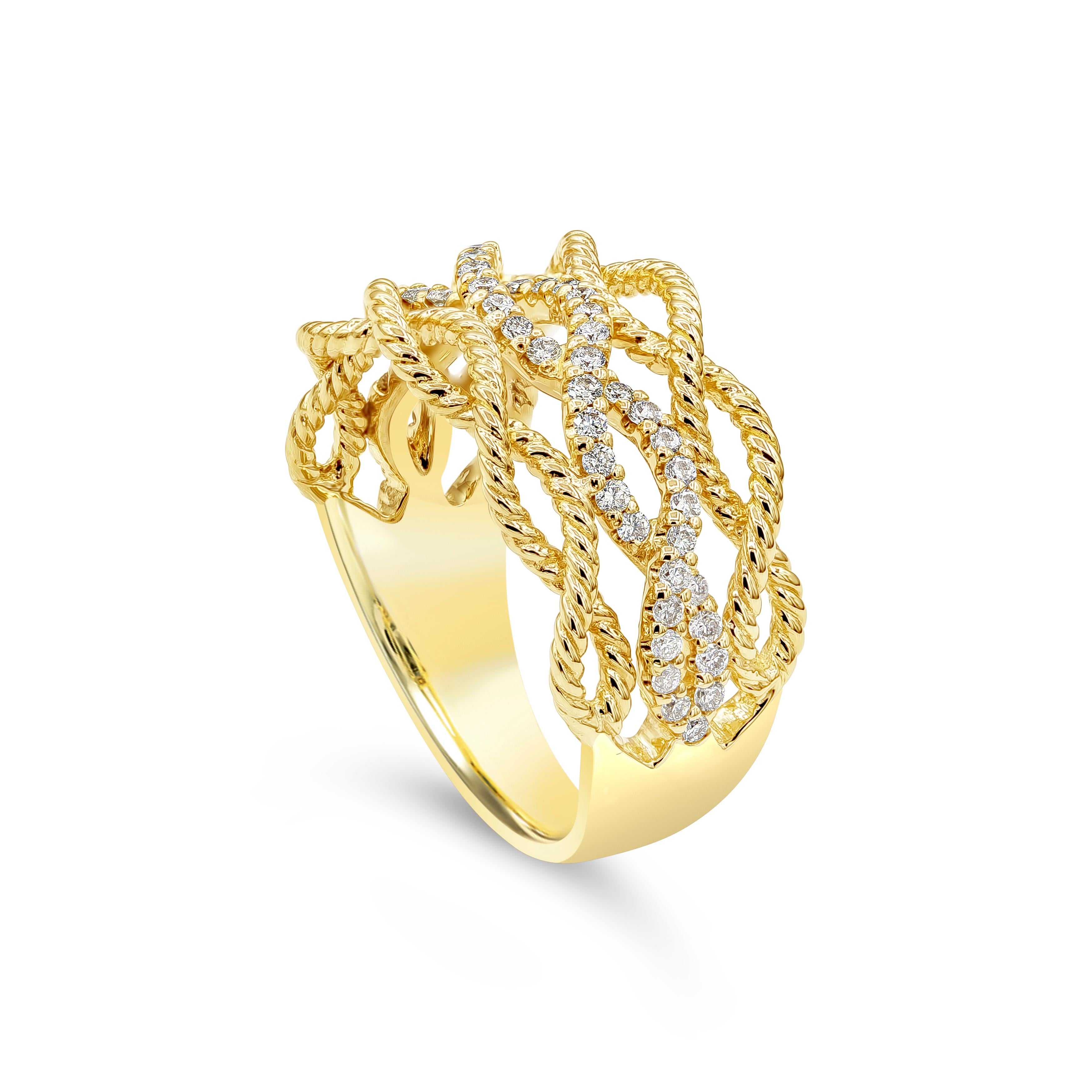A fashionable infinity style ring showcasing a three rows of 14K yellow gold infinity design encrusted with round brilliant diamonds weighing 0.45 carats total, H-I color and SI in clarity. Size 7.25 US resizable upon request. Signed piece by