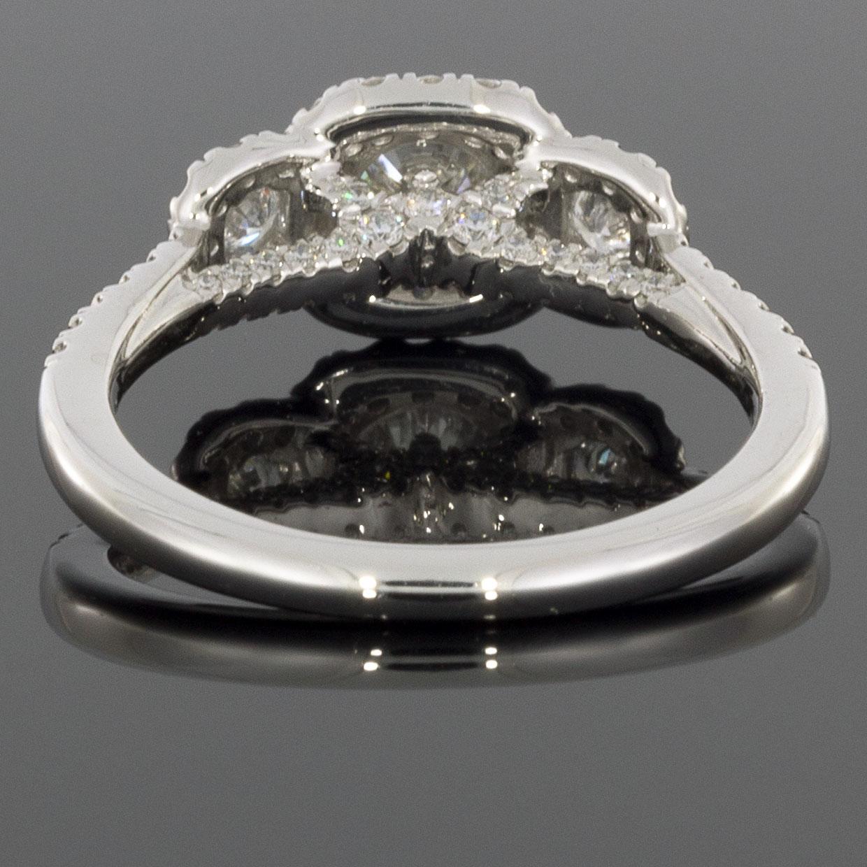 Round Cut Gabriel & Co. White Gold Round Diamond Three-Stone Halo Engagement Ring