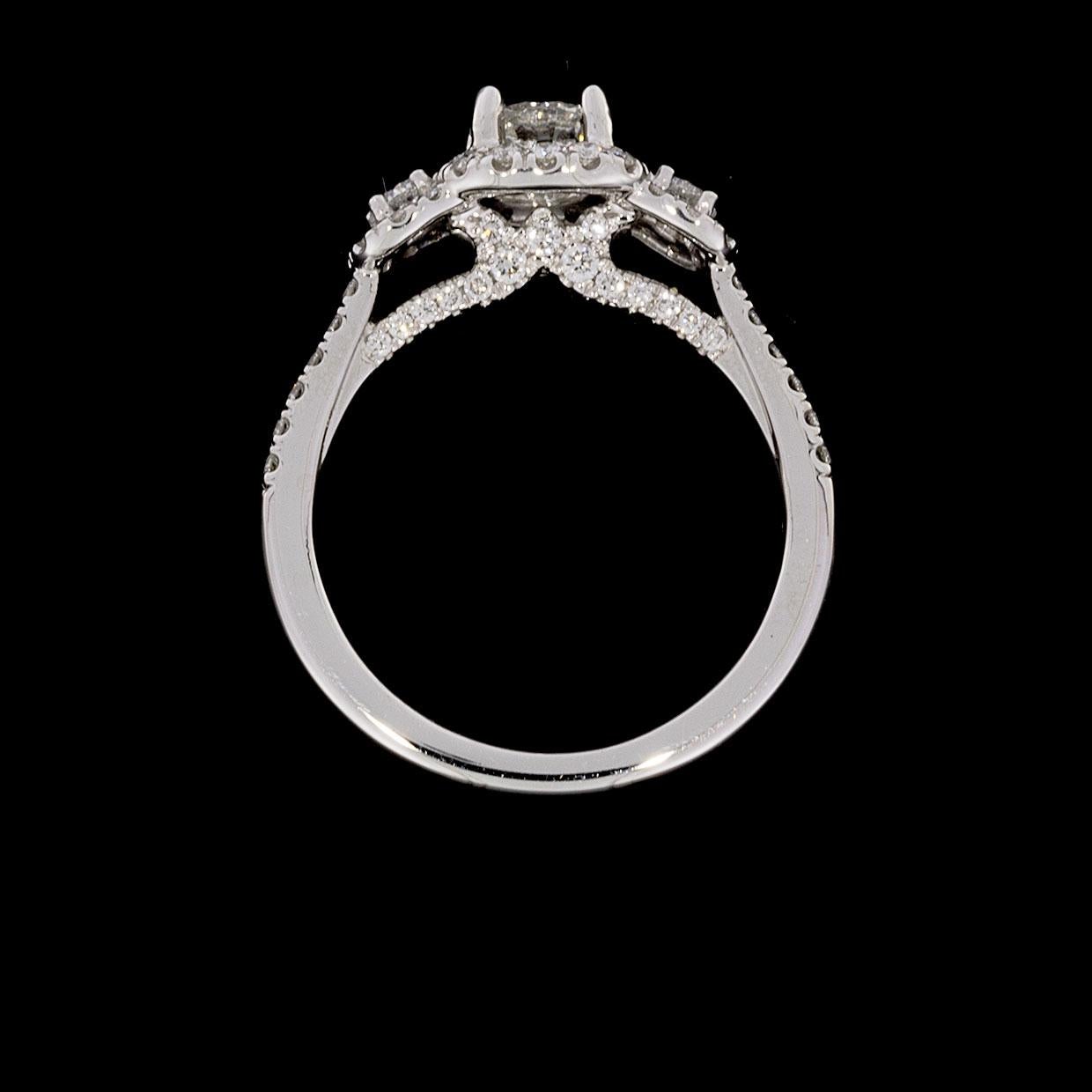 Gabriel & Co. White Gold Round Diamond Three-Stone Halo Engagement Ring In New Condition In Columbia, MO