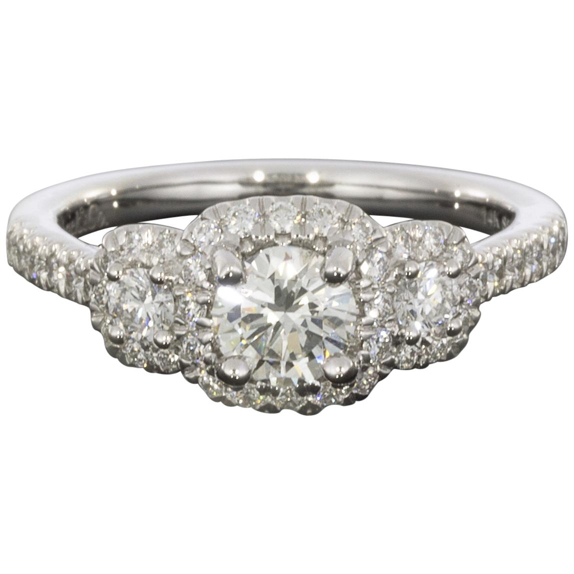 Gabriel & Co. White Gold Round Diamond Three-Stone Halo Engagement Ring