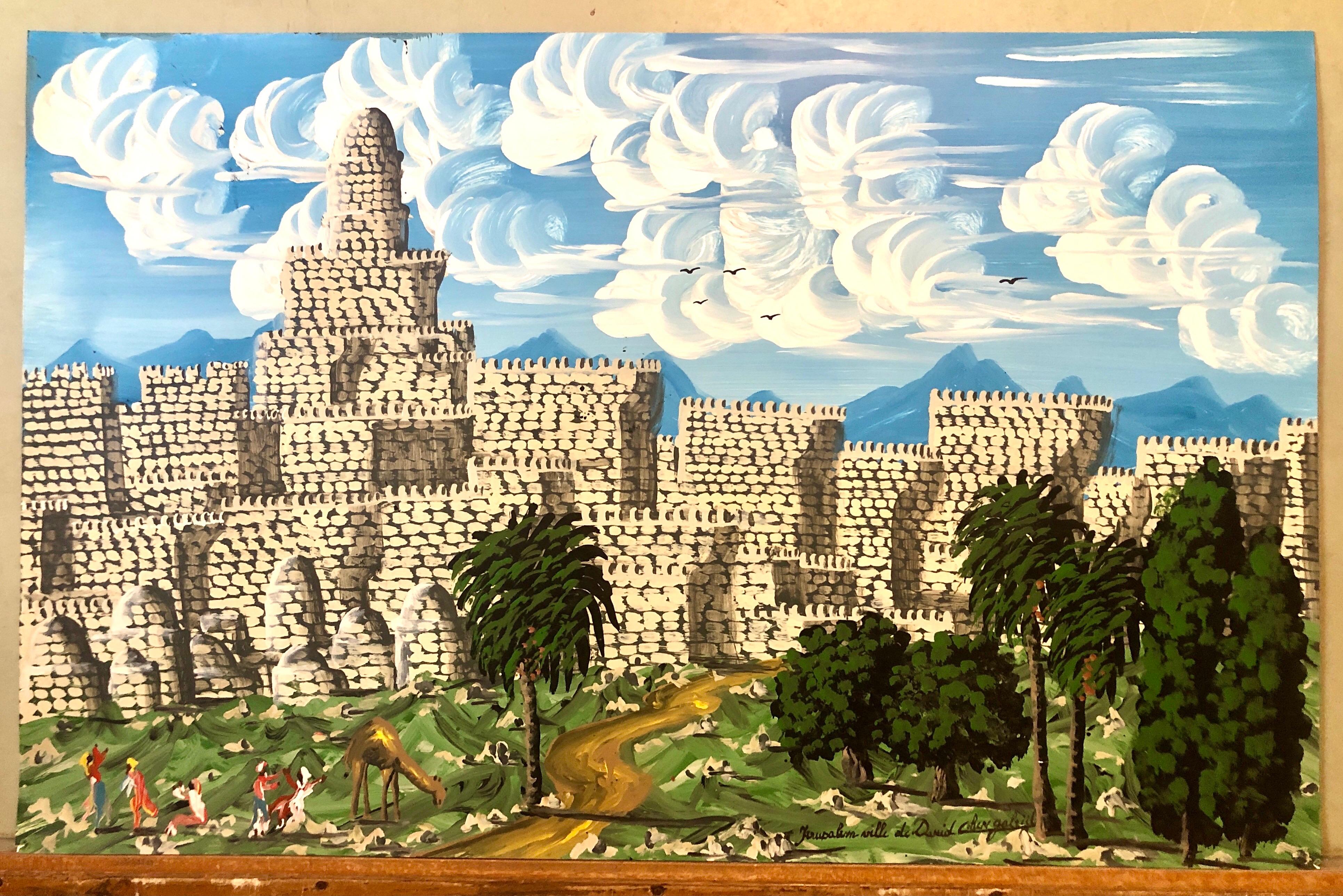 Grande quadro d'arte naïf israeliano a olio smaltato Gerusalemme Città Vecchia Arte Popolare in vendita 7