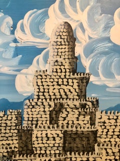 Grande quadro d'arte naïf israeliano a olio smaltato Gerusalemme Città Vecchia Arte Popolare