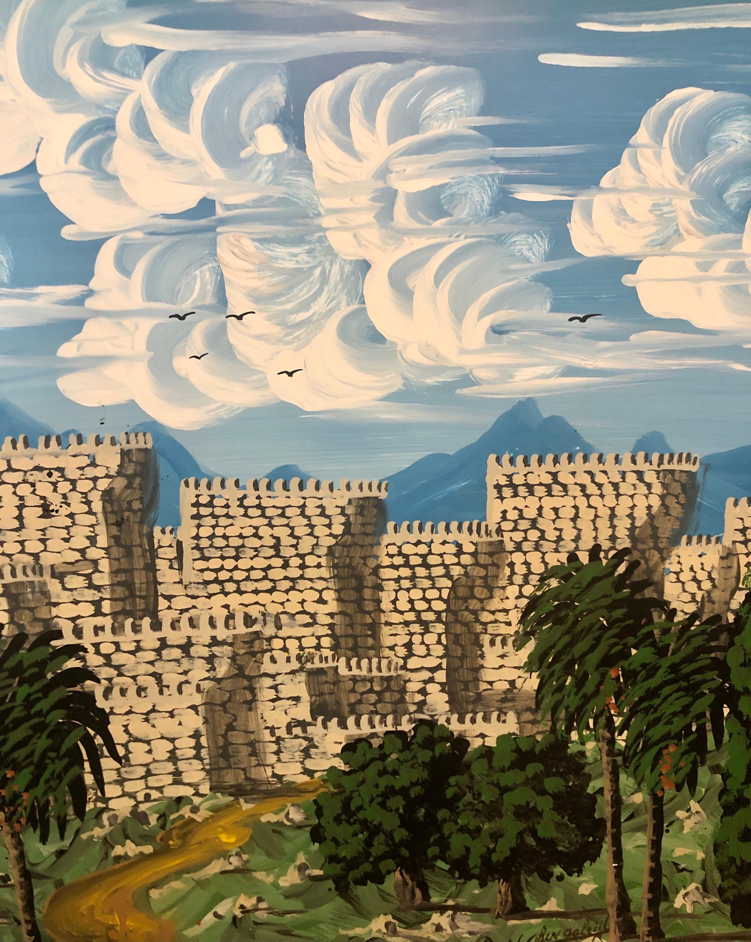 Grande quadro d'arte naïf israeliano a olio smaltato Gerusalemme Città Vecchia Arte Popolare in vendita 1