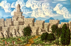 Grande quadro d'arte naïf israeliano a olio smaltato Gerusalemme Città Vecchia Arte Popolare