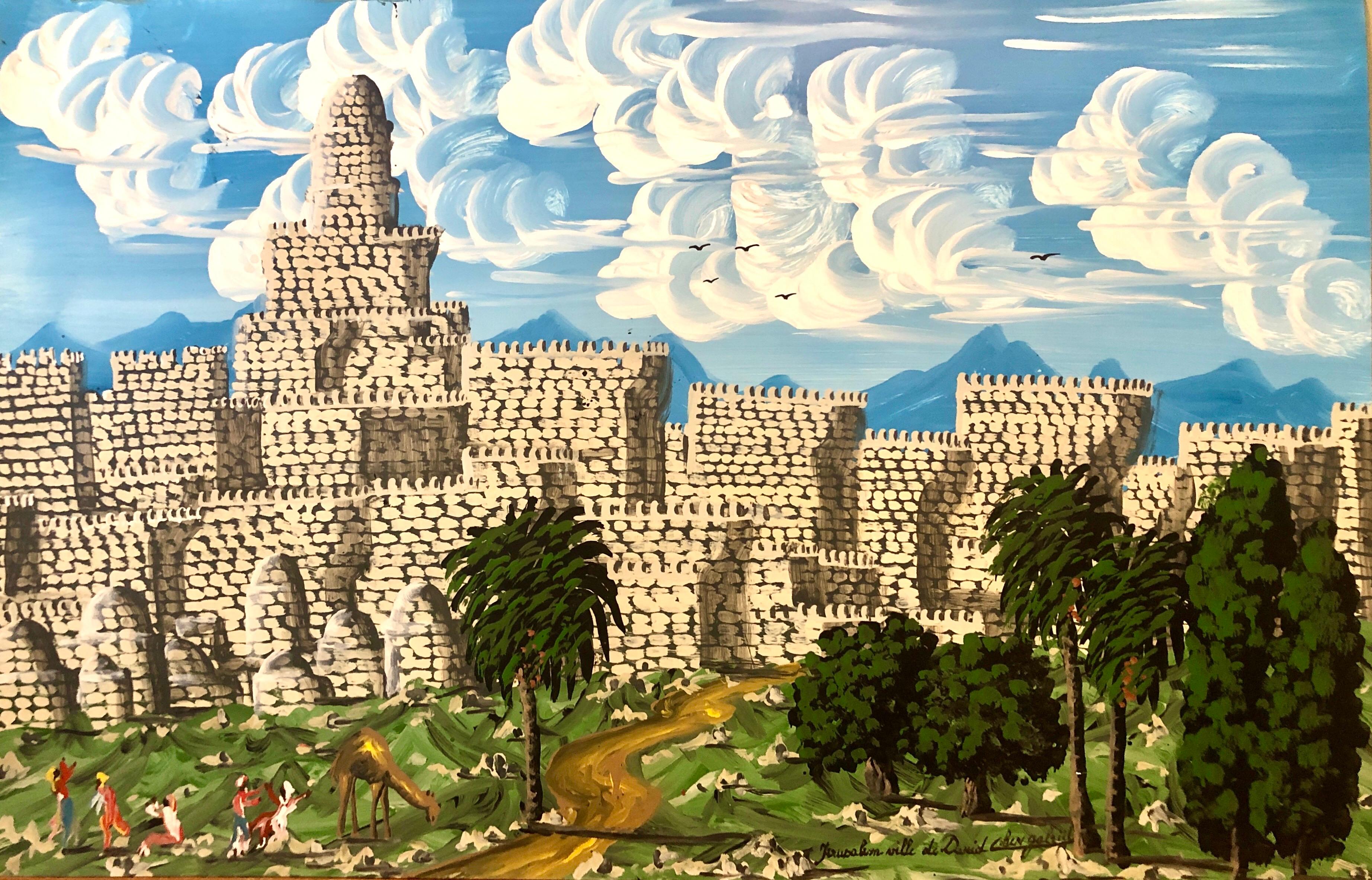Gran pintura al óleo esmaltada con pantalla de arte ingenuo israelí Jerusalén Ciudad Vieja Arte Popular
