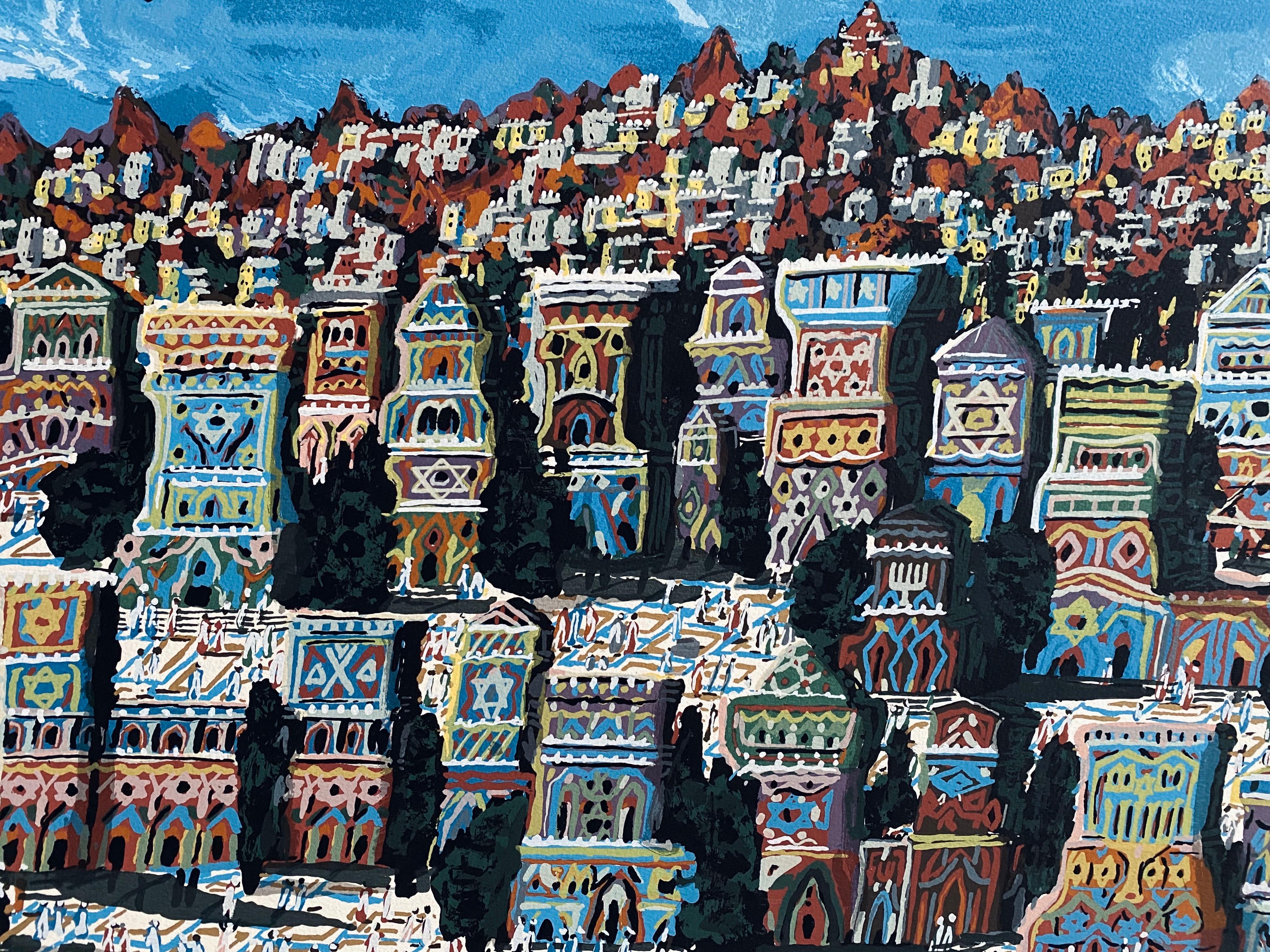 Stampa serigrafica d'arte naïf israeliana Gerusalemme, Sanhedrin Città Vecchia Arte Popolare - Print di Gabriel Cohen