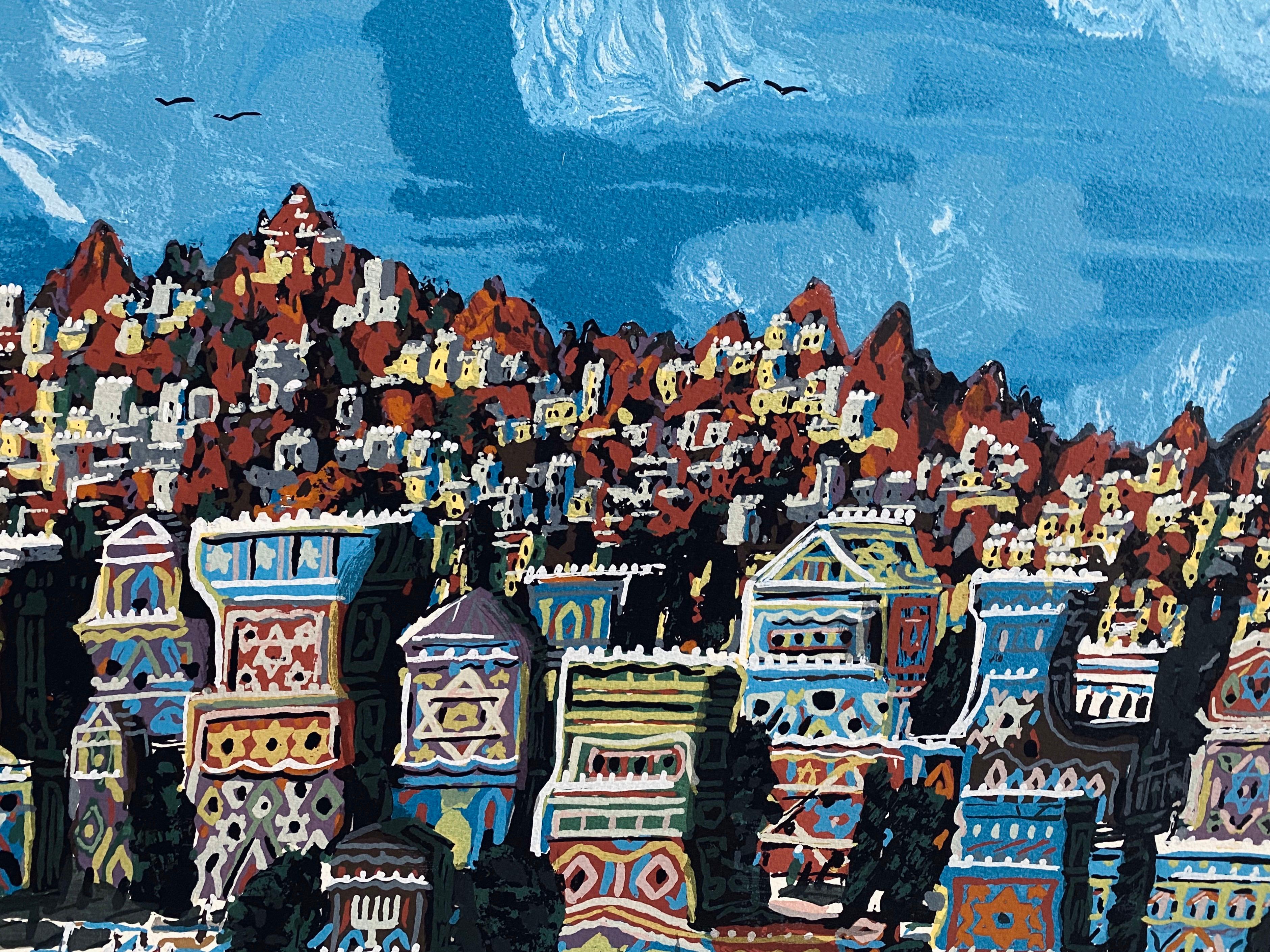 Israelische Naive Kunst Siebdruck Lithographie Jerusalem, Sanhedrin Old City Volkskunst (Blau), Landscape Print, von Gabriel Cohen