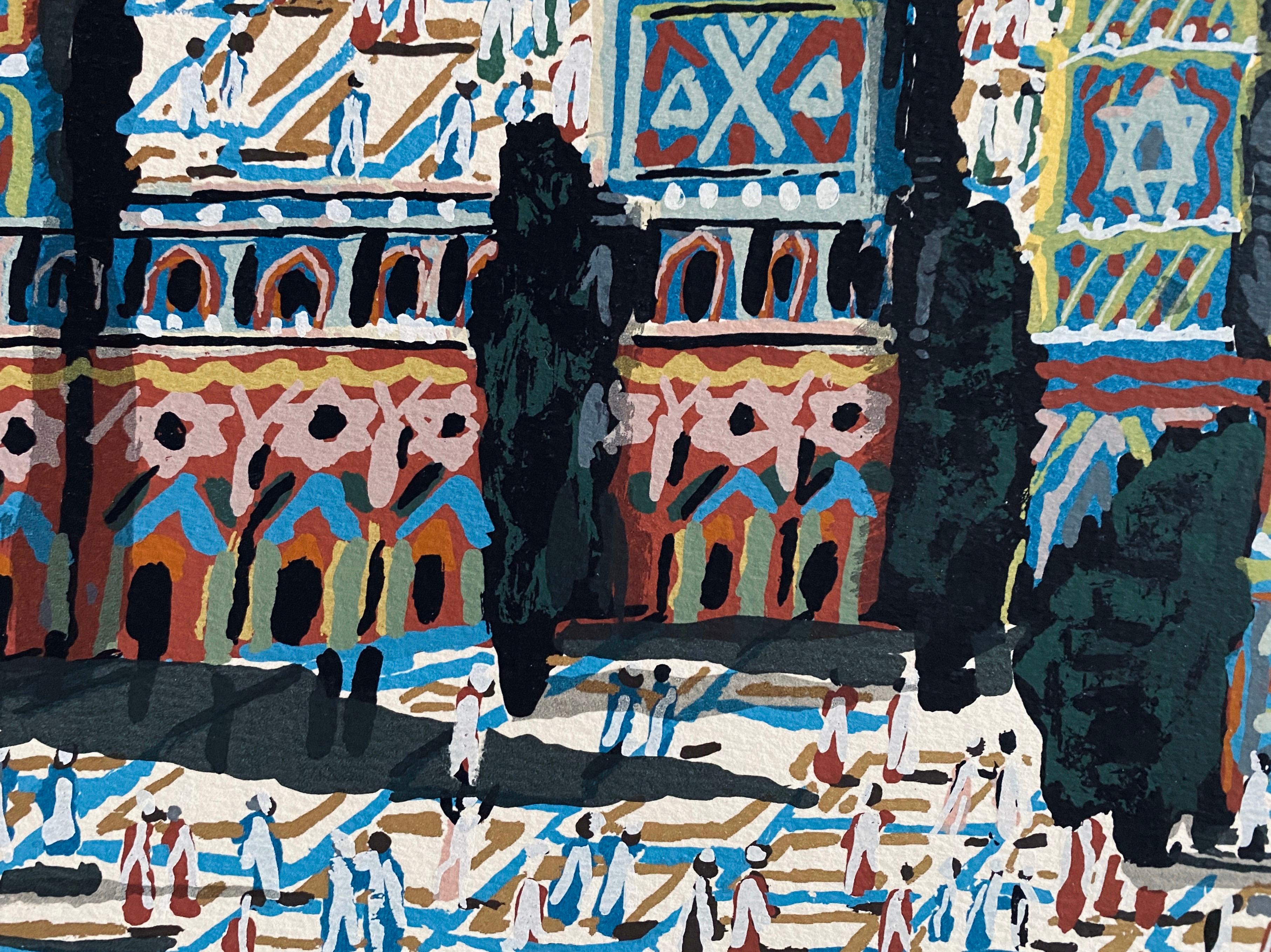 Lithographie d'art naïf israélien, sérigraphie Jérusalem, art populaire de la vieille ville de Sanèdre - Bleu Landscape Print par Gabriel Cohen