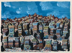 Stampa serigrafica d'arte naïf israeliana Gerusalemme, Sanhedrin Città Vecchia Arte Popolare