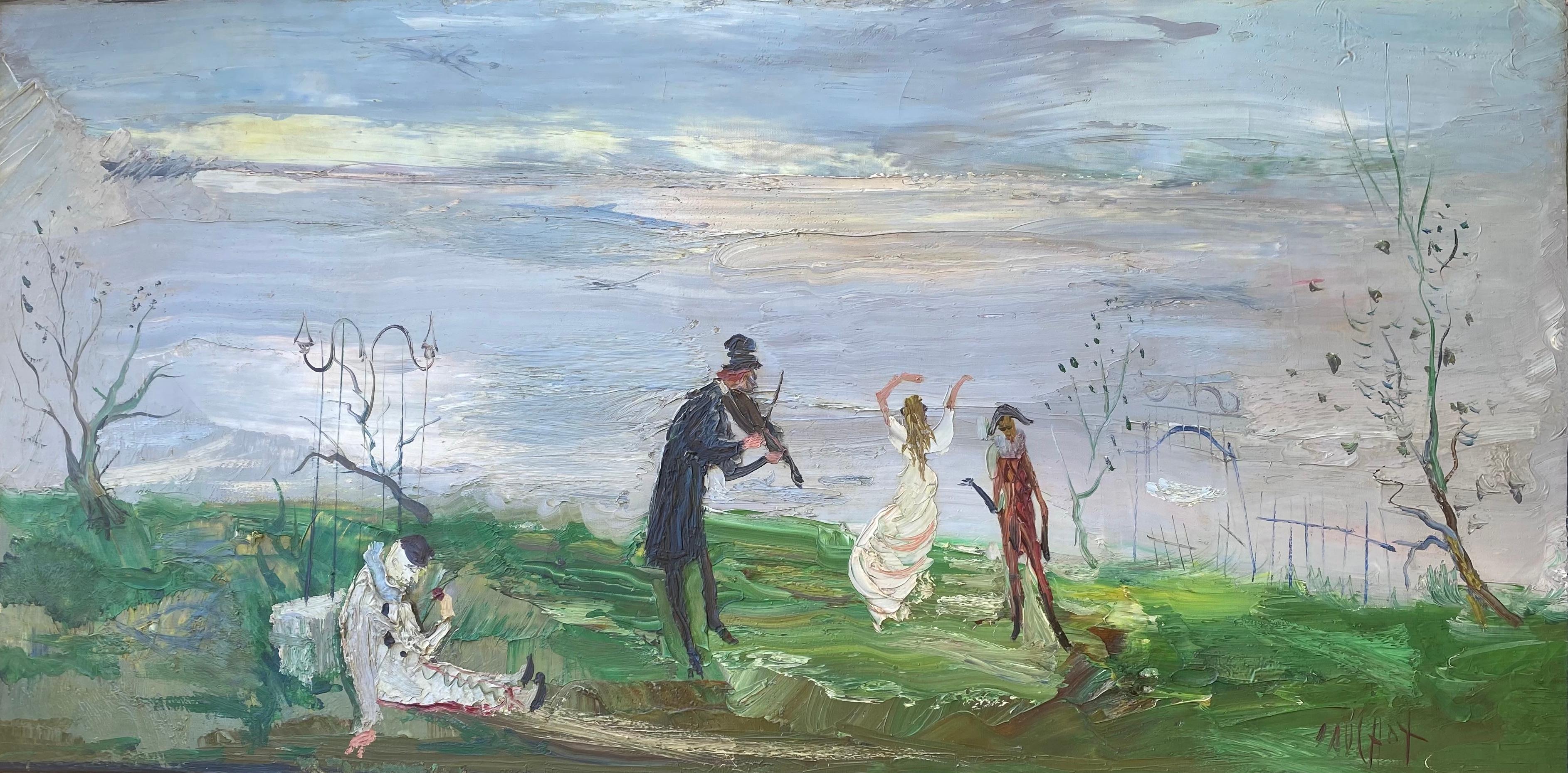 Gabriel Dauchot Figurative Painting - Large colourful Music Rites of Spring Pierrot Harlequin Dancing Girl painting