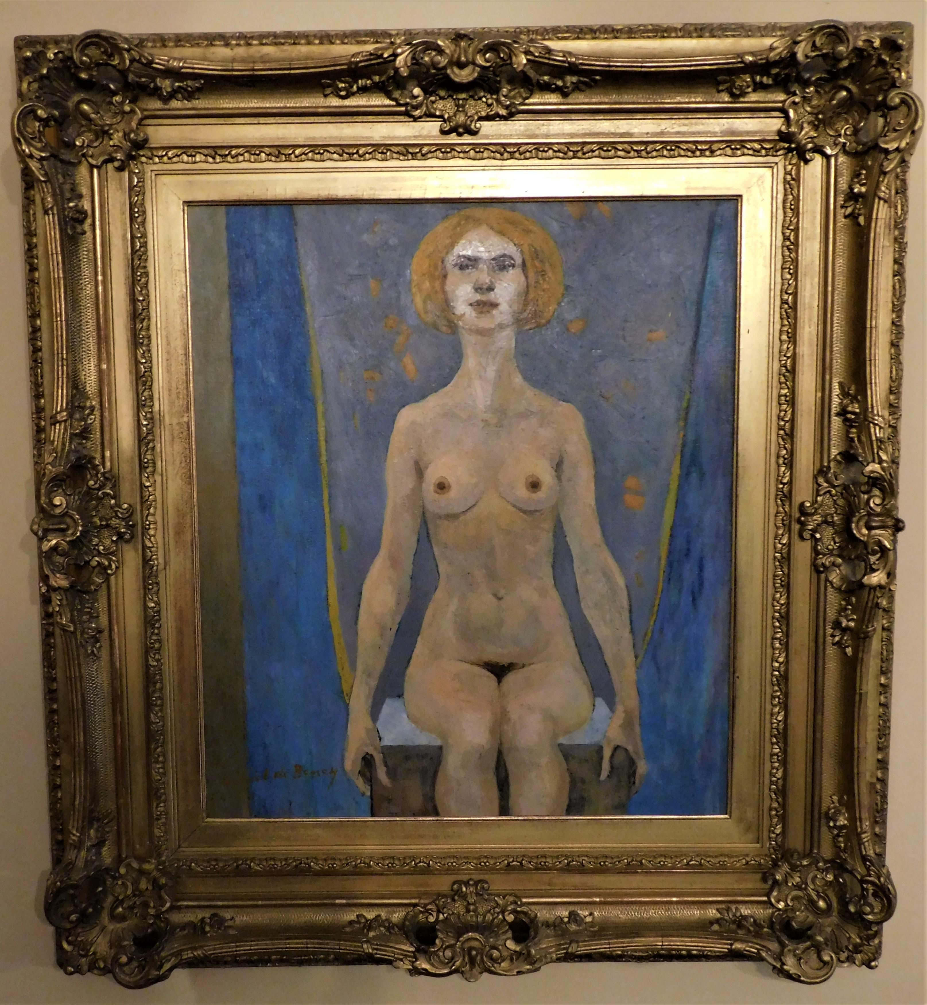 Oil on canvas nude woman painting by Canadian/French impressionist artist, illustrator Gabriel de Beney, circa 1970s. In a vintage antique ornate gold frame.
Actual painting size is 22.75 inches high by 19.75 inches wide by 1 inch deep. 

Gabriel