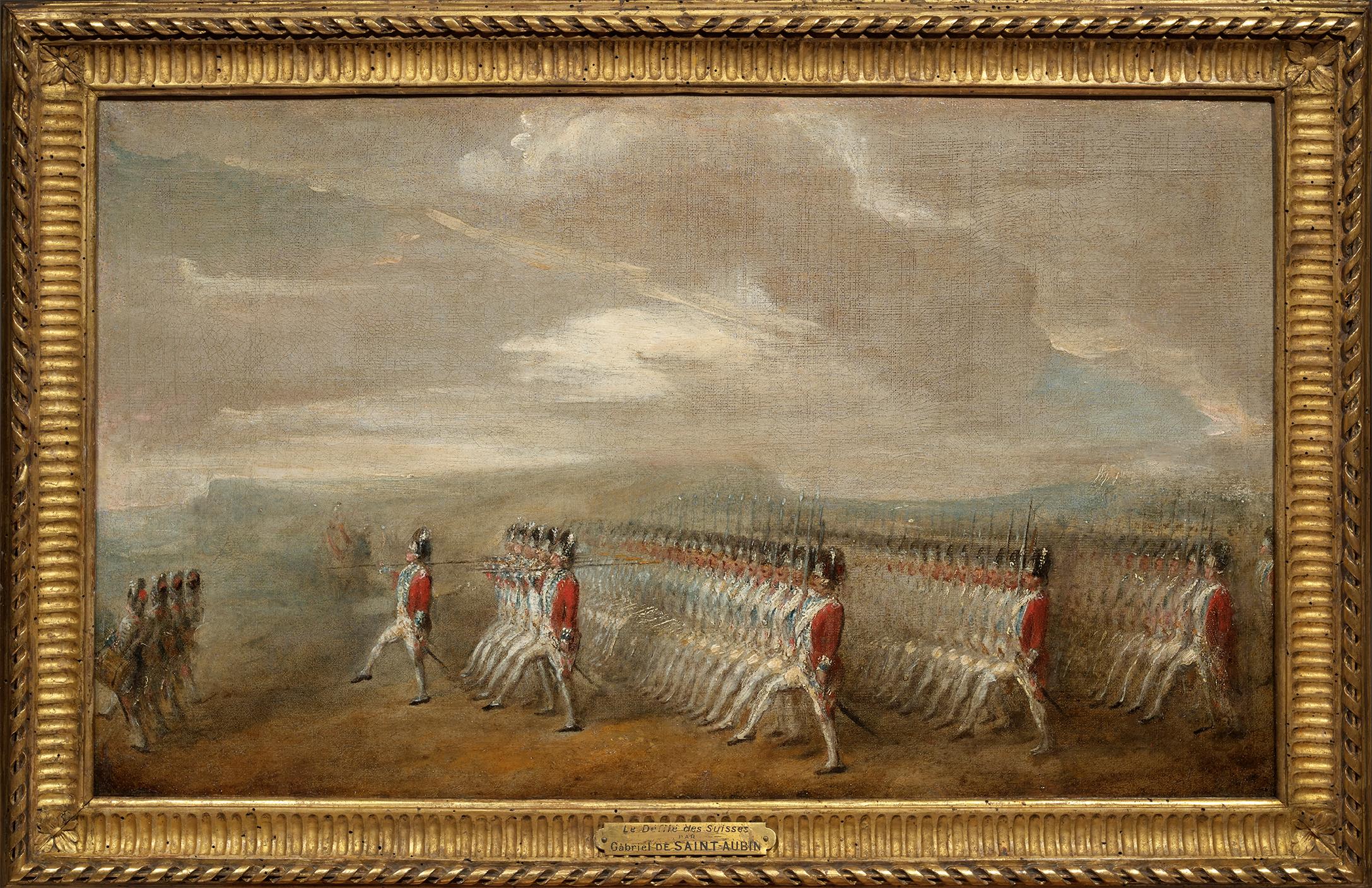 The Parade of Swiss Guards a painting on canvas by Gabriel de Saint-Aubin