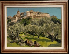 20th Century French Village Provence Hill Top Town with Olive Trees Oil Painting