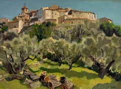 20th Century French Village Provence Hill Top Town with Olive Trees Oil Painting