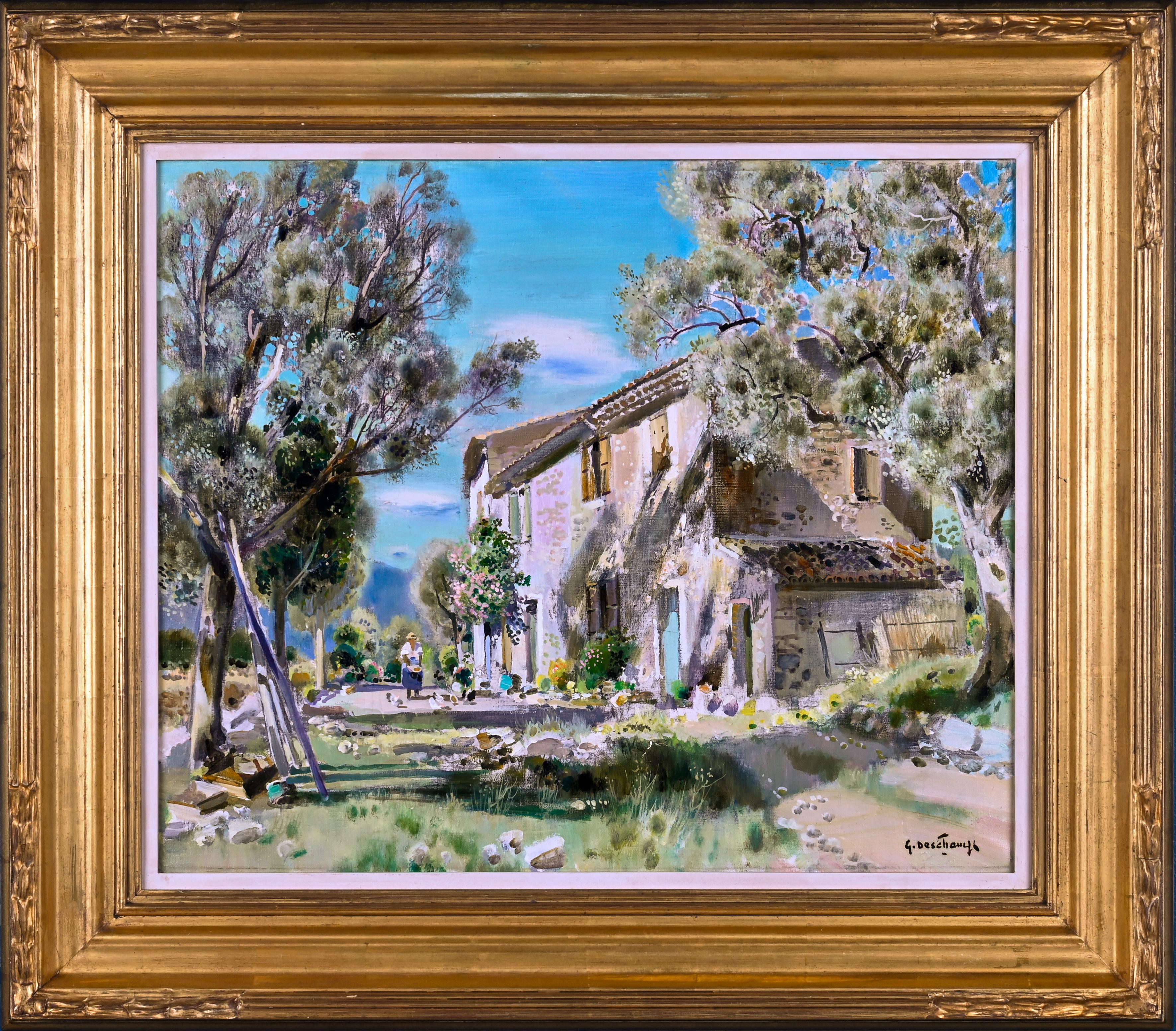 'Actividades matinales' Pintura impresionista francesa de paisaje con figura, árboles - Painting de Gabriel Deschamps