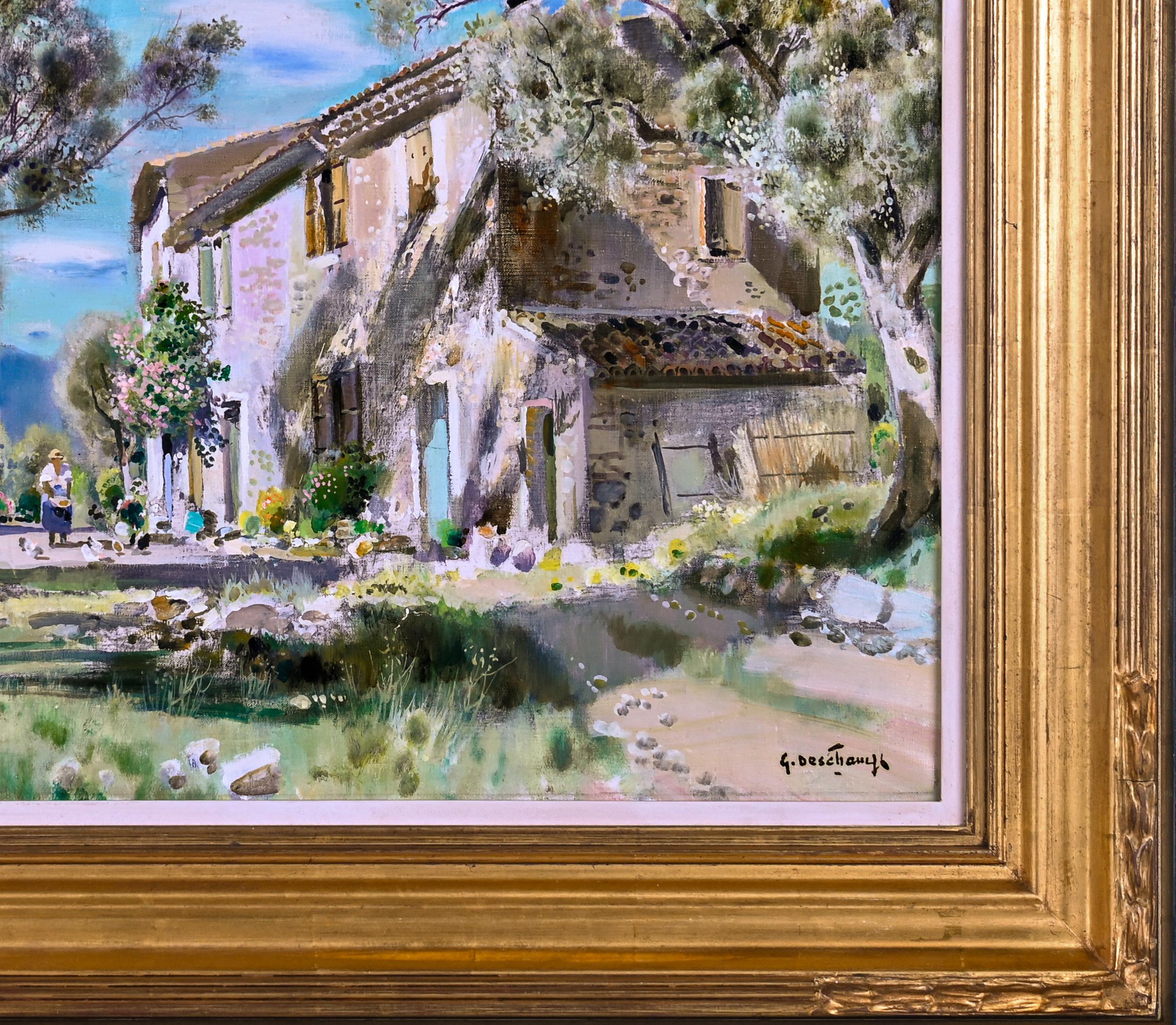 'Actividades matinales' Pintura impresionista francesa de paisaje con figura, árboles - Painting Impresionista de Gabriel Deschamps