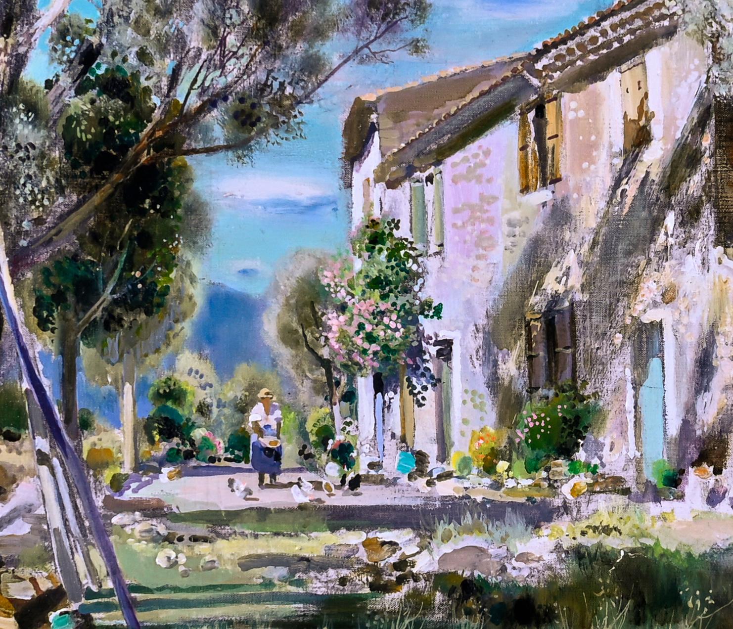 'Actividades matinales' Pintura impresionista francesa de paisaje con figura, árboles - Landscape Painting Gris de Gabriel Deschamps