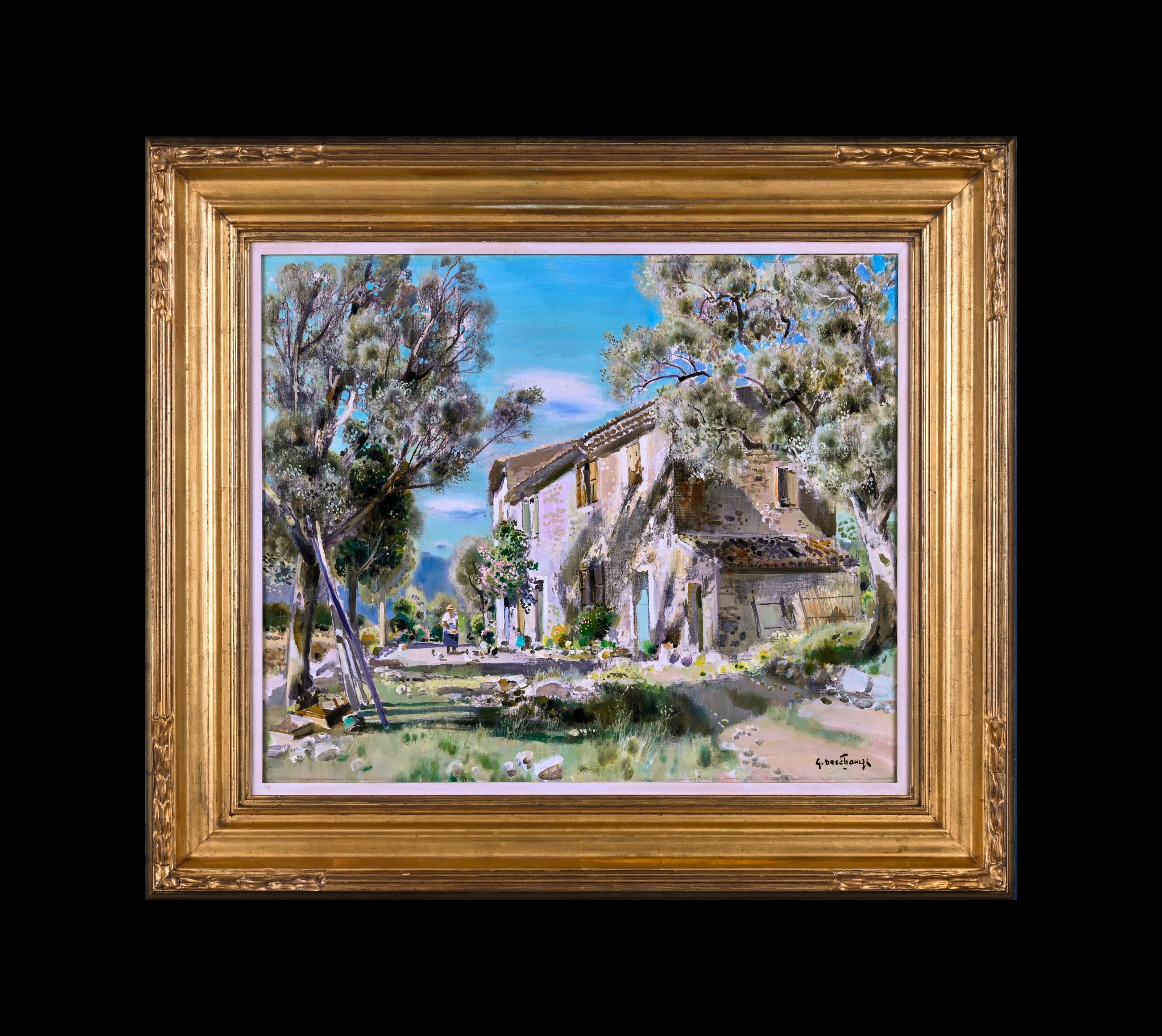 Aktivitäten am Morgen Impressionistische helle Landschaft von Frankreich, Bauernhaus, Figur – Painting von Gabriel Deschamps