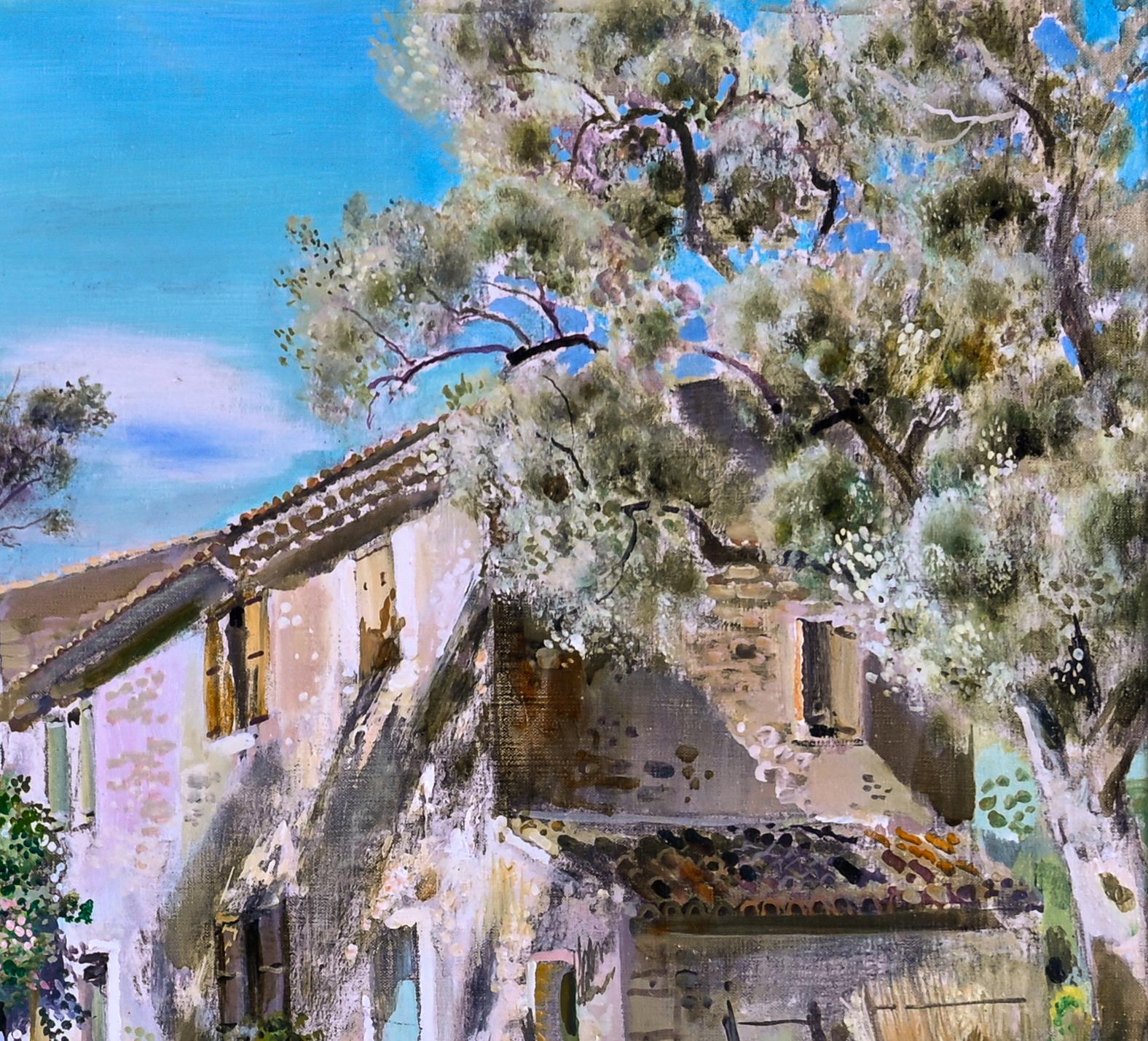 Aktivitäten am Morgen Impressionistische helle Landschaft von Frankreich, Bauernhaus, Figur (Grau), Landscape Painting, von Gabriel Deschamps
