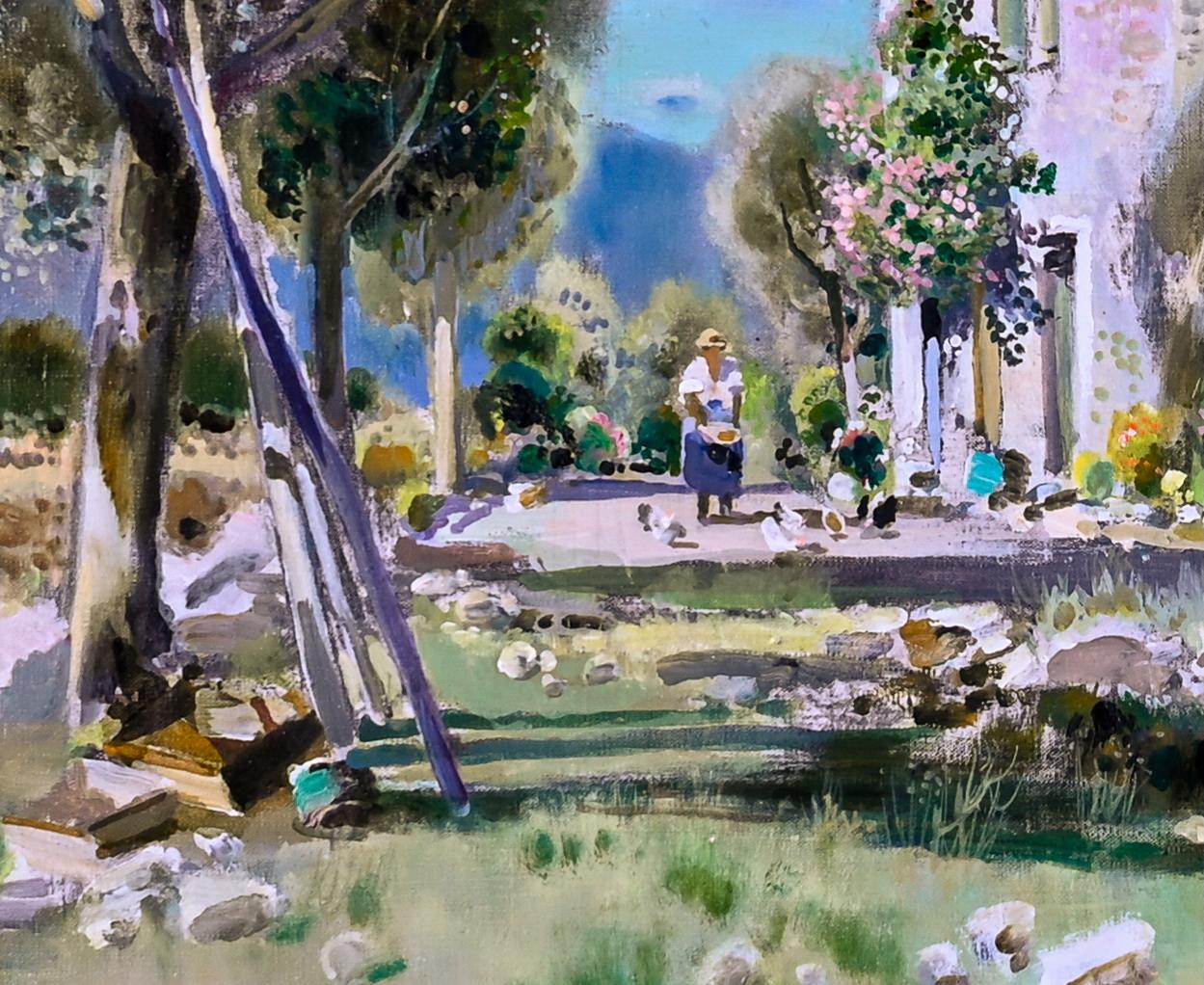 Aktivitäten am Morgen Impressionistische helle Landschaft von Frankreich, Bauernhaus, Figur im Angebot 1