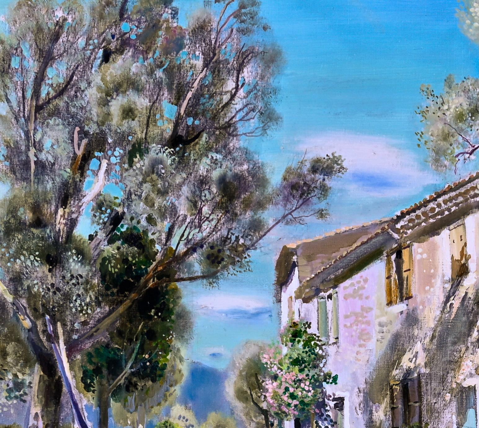 Aktivitäten am Morgen Impressionistische helle Landschaft von Frankreich, Bauernhaus, Figur im Angebot 2