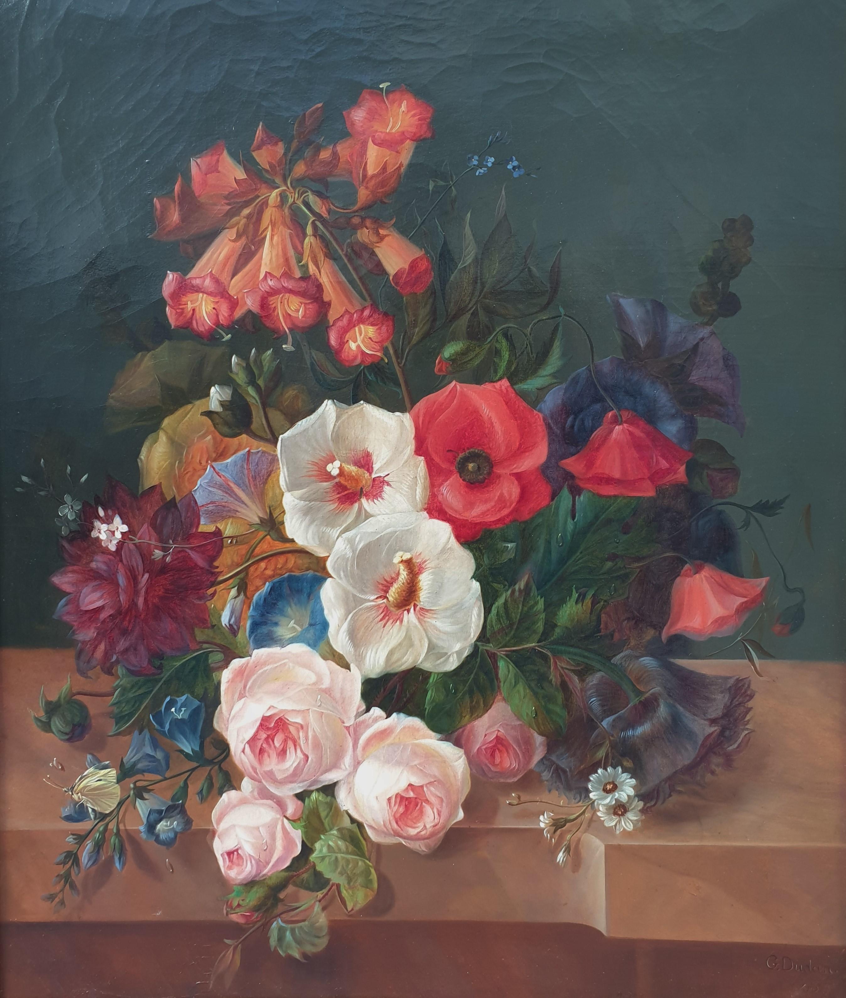 French romantic flowers Salon painter Mid 19th DUDAN Oil canvas beautiful frame - Painting by Gabriel DUDAN
