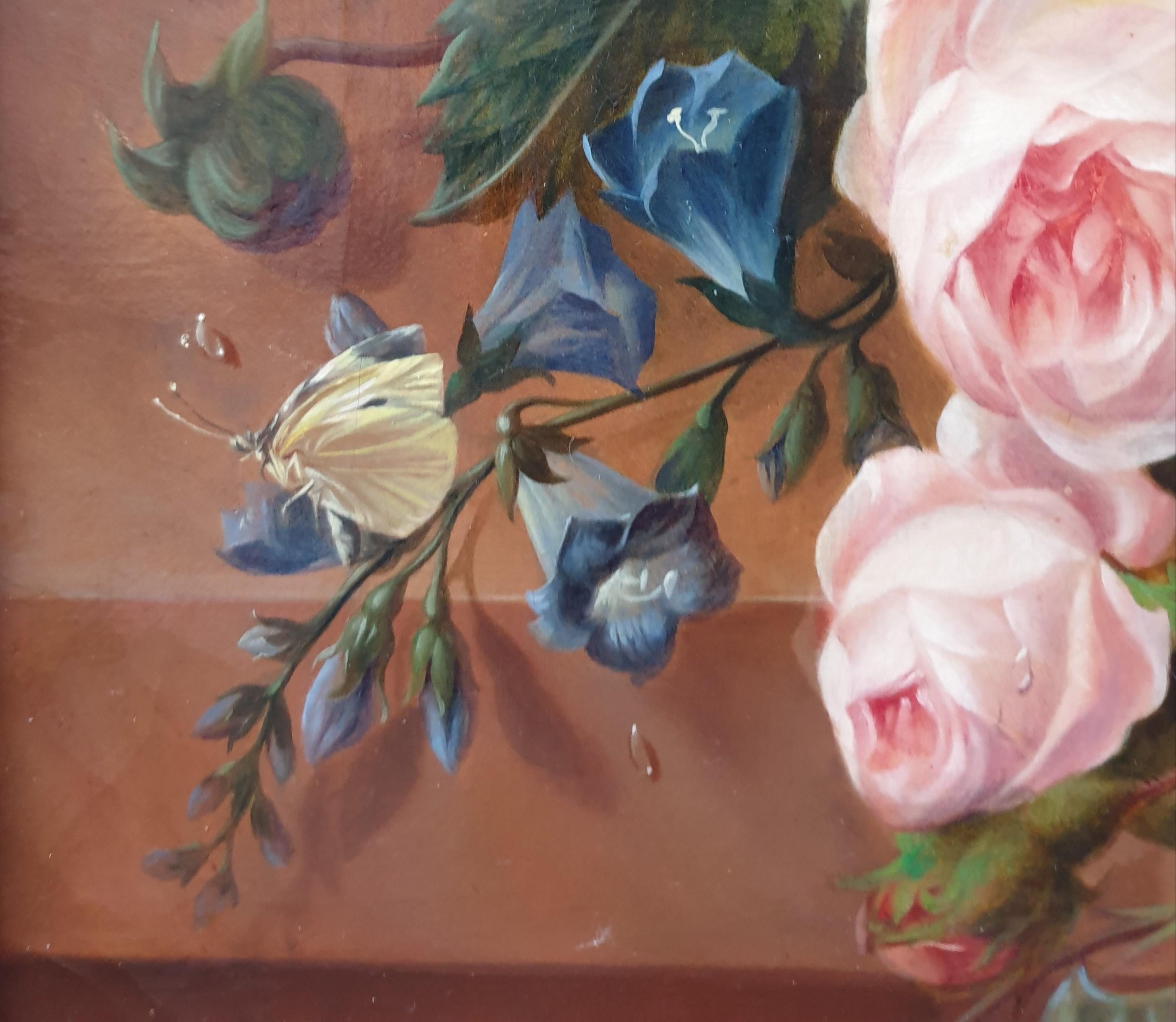 Fiori romantici francesi Pittore di Salon metà del 19° DUDAN Olio su tela bella cornice in vendita 2