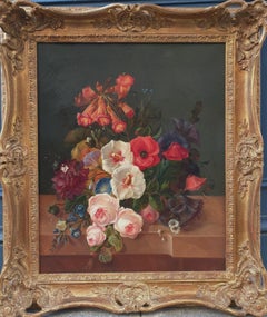 Antique French romantic flowers Salon painter Mid 19th DUDAN Oil canvas beautiful frame
