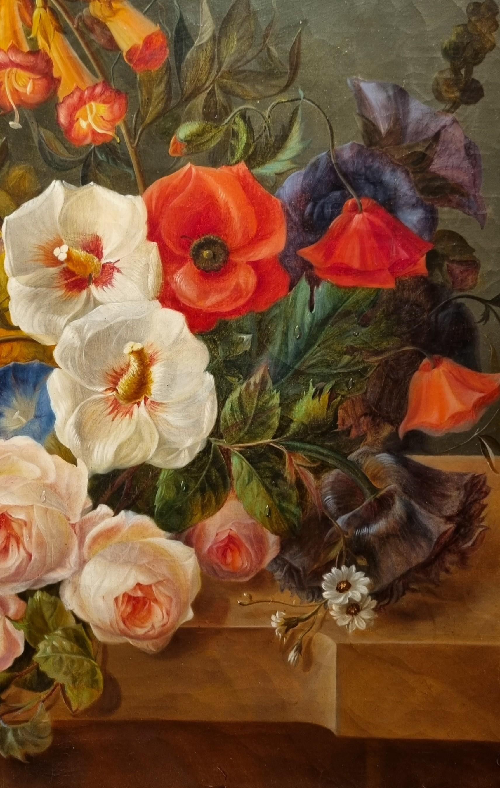 Gabriel-Dominique DUDAN (tätig von den 1830er bis zu den 1850er Jahren)
Blumenstrauß aus Rosen, Fingerhut, Mohn, Veilchen und Gänseblümchen
Öl auf Leinwand
61 x 50 cm (77 x 66 cm mit Rahmen)
Signiert und datiert unten rechts 