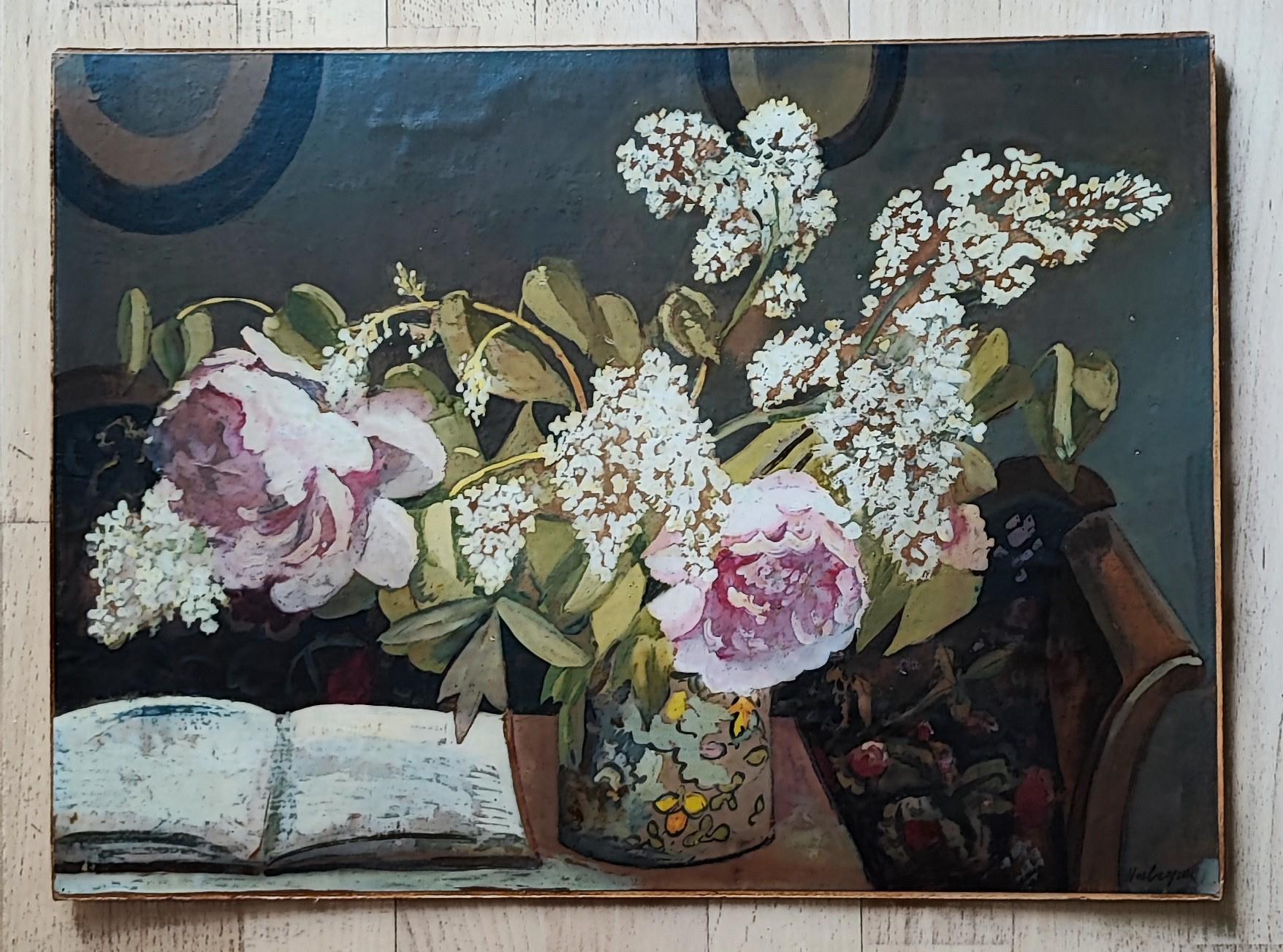 Ramo de lilas blancas y peonías rosas - Painting de Gabriel Eduard Haberjahn