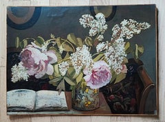 Bouquet of white lilacs and pink peonies