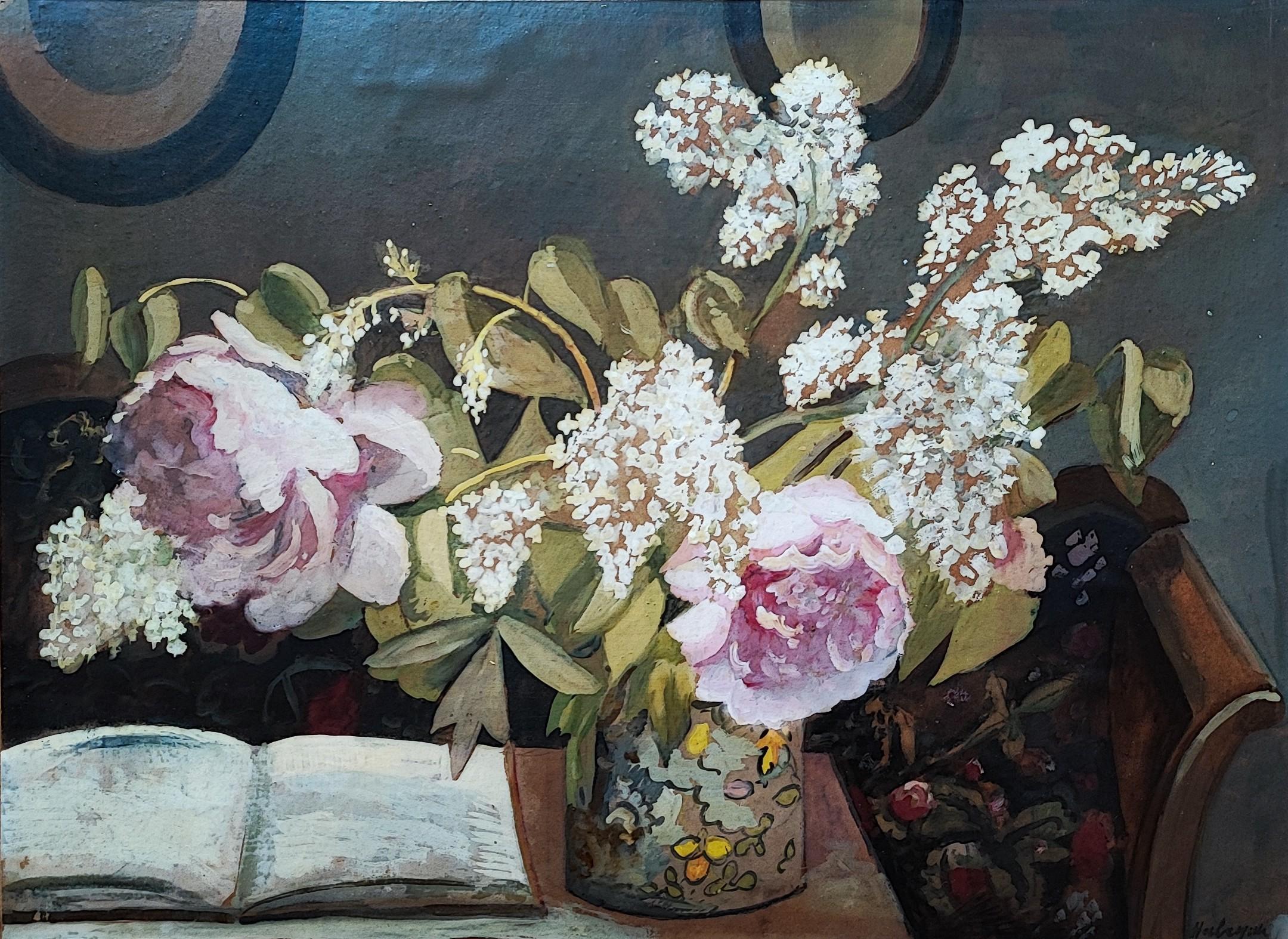 Still-Life Painting de Gabriel Eduard Haberjahn - Ramo de lilas blancas y peonías rosas