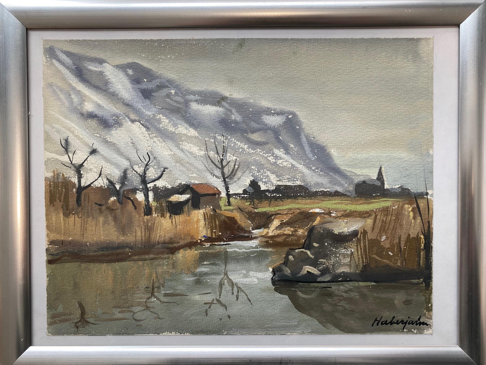River and snowy mountains by G. E. Haberjahn - Watercolor on paper 16x21 cm - Painting by Gabriel Eduard Haberjahn