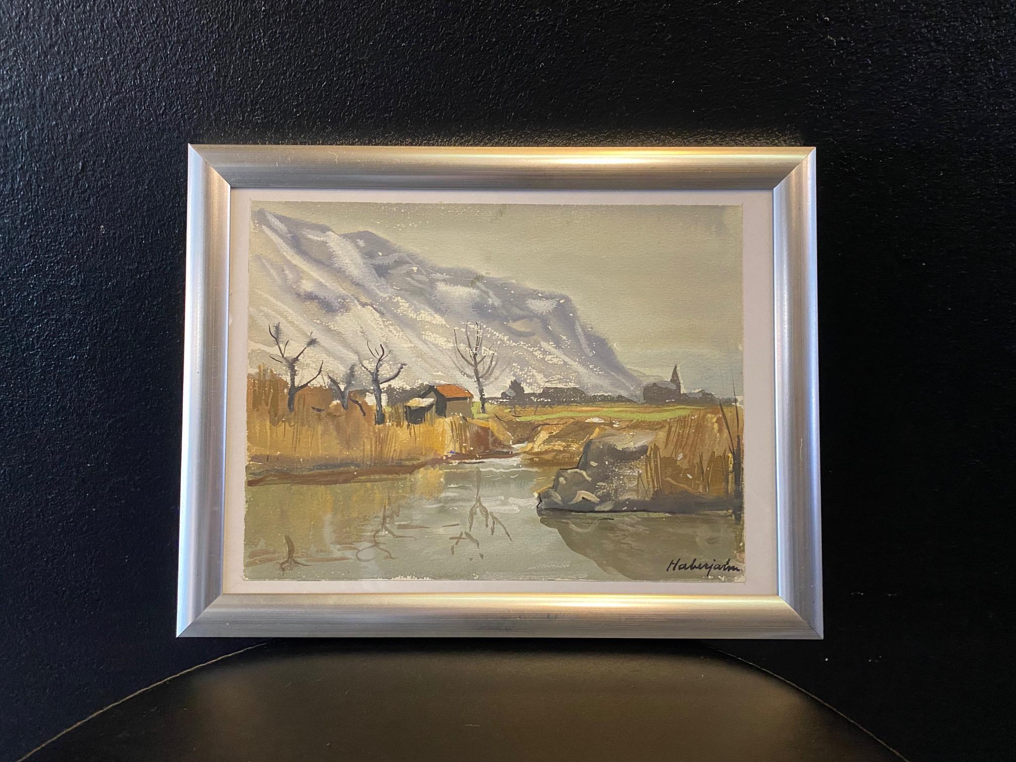 River and snowy mountains by G. E. Haberjahn - Watercolor on paper 16x21 cm - Gray Landscape Painting by Gabriel Eduard Haberjahn